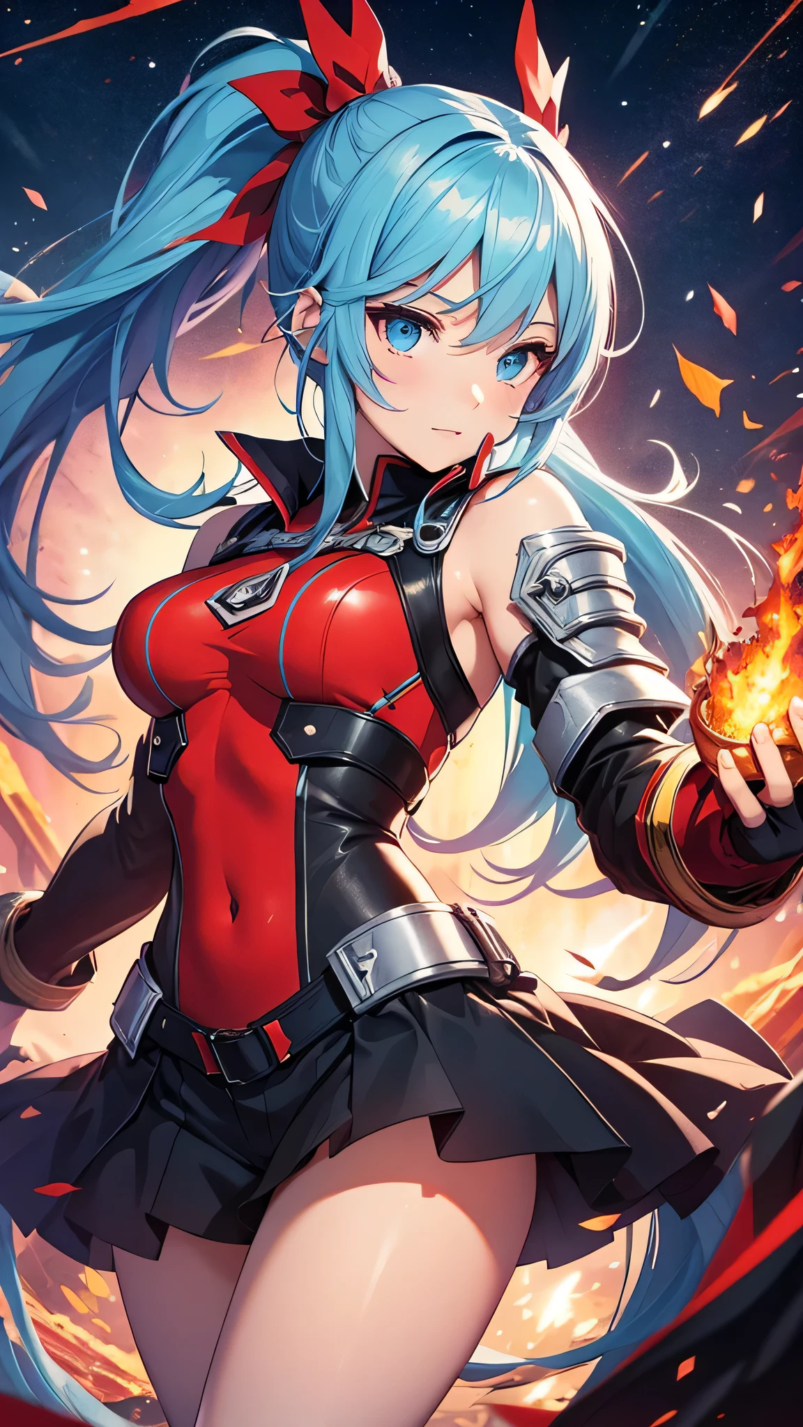 最high quality、best image quality、masterpiece、girl((20-year-old、 By becoming、vest bust、medium bust,wide open breast tea、shining eyes, light blue hair、long hair、thin,highest valley、ponytail、robot body、Machine body、red lipstick、half-backed posture、floating state、mechanical sword、sharp mechanical wings、shiny boots、smile)),high quality、beautiful art、background((spark、up in flames、red lighting、meteor))、Flight、debris flies、Depth of written boundary、movie、visual art、perfect art、8k,genuine、