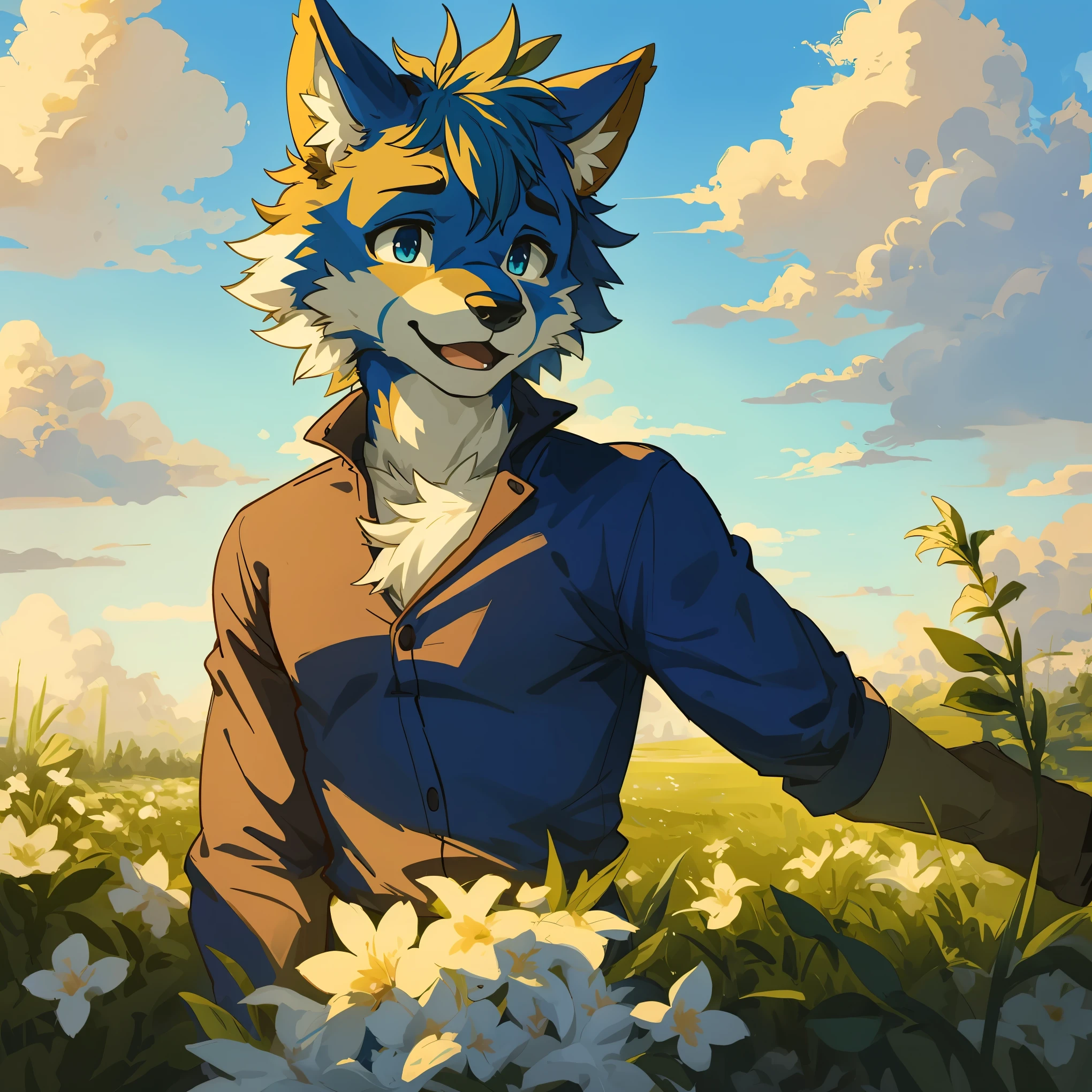 top quality, highres, High-quality illustrations, unparalleled masterpiece(movie of life)farm, Blue sky, clouds, florals Beautiful garden(furry anthro, solo, boy, casual fashion, Relux pose, Smile)absurdres, perfect anatomy, anime style, dynamic angle,