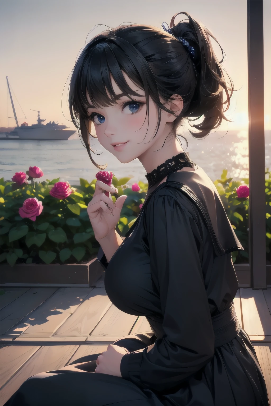 very cute and beautiful girl,(highly detailed beautiful face),(smile),happy,
navy blue frilled dress,sitting on wooden bench,black hair,low ponytail,(rose garden),navy harbor,warships in distance,
(best quality,masterpiece:1.2),absurdres,highres,ultra-detailed,extremely detailed,32k,8k resolution,
intricate details,cinematic scene,detailed background,solo,dynamic angle,
solo,natural lighting,hair fluttering in the wind,beautiful detailed sky,