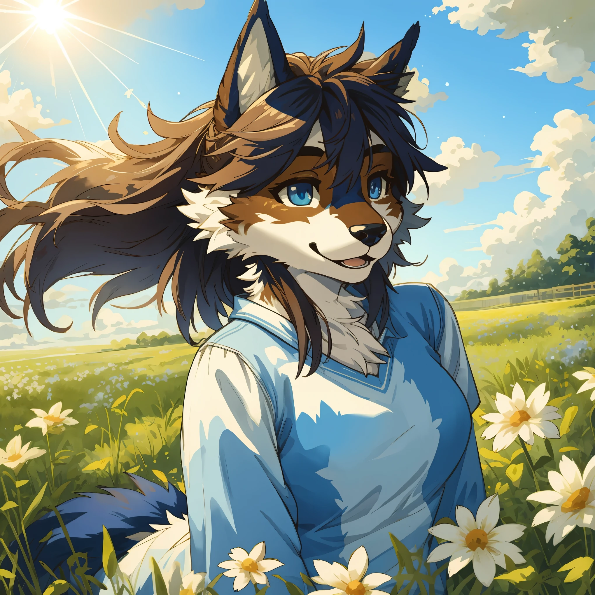 Stacia Burlington style, watercolor, soft color, Vintage images, highres, paid reward available, High-quality illustrations, unparalleled masterpiece(movie of life)Country farm, track, Blue sky and clouds, florals々Beautiful garden(furry anthro:1.7)absurdres(highly detailed beautiful face and eyes)perfect anatomy, expression, caustics, dynamic lighting, lens flare, deep shadow, dynamic angle,