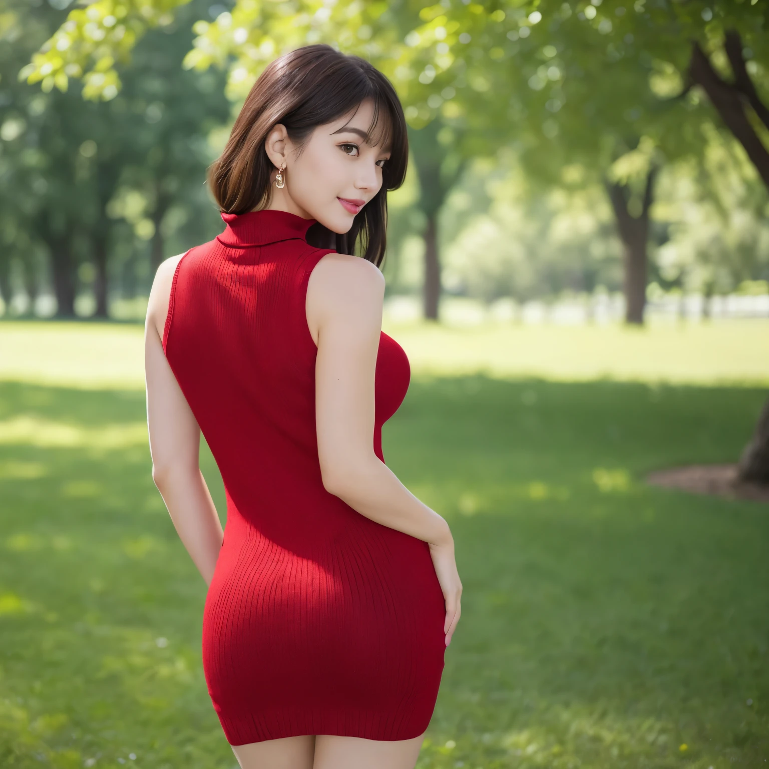 (highest quality、table top、8k、best image quality、Award-winning work)、one beautiful woman、25 years old、(alone:1.1)、perfect beautiful composition、(Huge breasts that are about to burst:1.2)、(perfect fit:1.1)、big ass、emphasize the hip line、(emphasize body line:1.1)、(very short bob:1.1)、slender body、(Perfect red sleeveless turtleneck knit sweater dress:1.3)、(Photo above the legs:1.2)、look at me and smile、(strongly blurred park background:1.1)、stand gracefully、natural makeup、Ultra high definition beauty face、ultra high definition hair、Super high-definition sparkling eyes、(Super high resolution glossy white skin:1.1)、Super high resolution glossy lips、accurate anatomy、(very bright and vivid:1.1)、(back:1.3)、(Turn around and stare at me:1.3)、(Large lateral breasts:1.2)