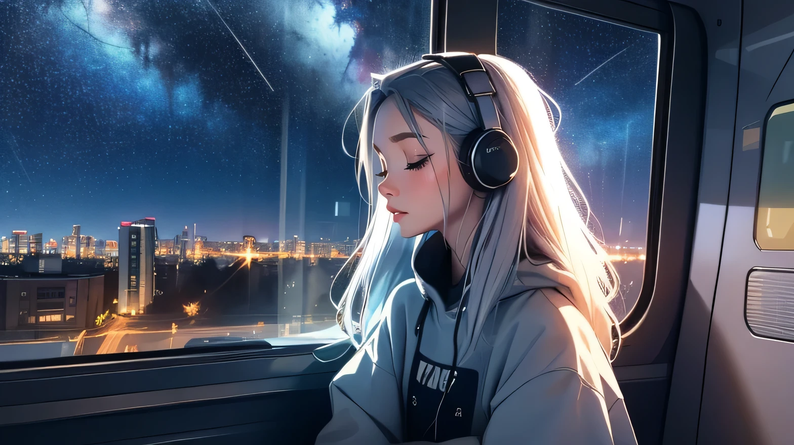 train,  Sit by the window,  close one&#39;s eyes, wearing headphones, take a pensive posture, look at the stars, My head got stuck in the glass, Scenery passing by at high speed, night trip, beautiful starry sky, Beautiful girl, UHD Portraits, (high quality) (ultra detail) Observation of a viewer wearing hip-hop style street clothes; different, fancy, long colored silver hair 🌈