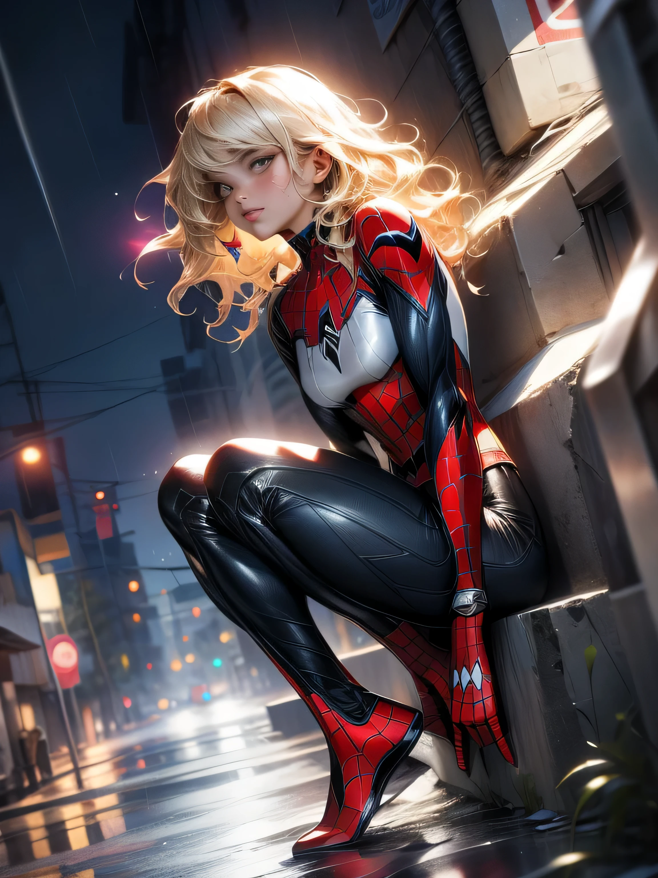 18yo Girl,White Spider-Man suit,short and wavy hair,blondehair,beautifulface,lluvia,teto,The Masterpiece,exquisite detailing,Perfect anatomy,best qulity,ultra-highresolution,4k, Full body Shot
