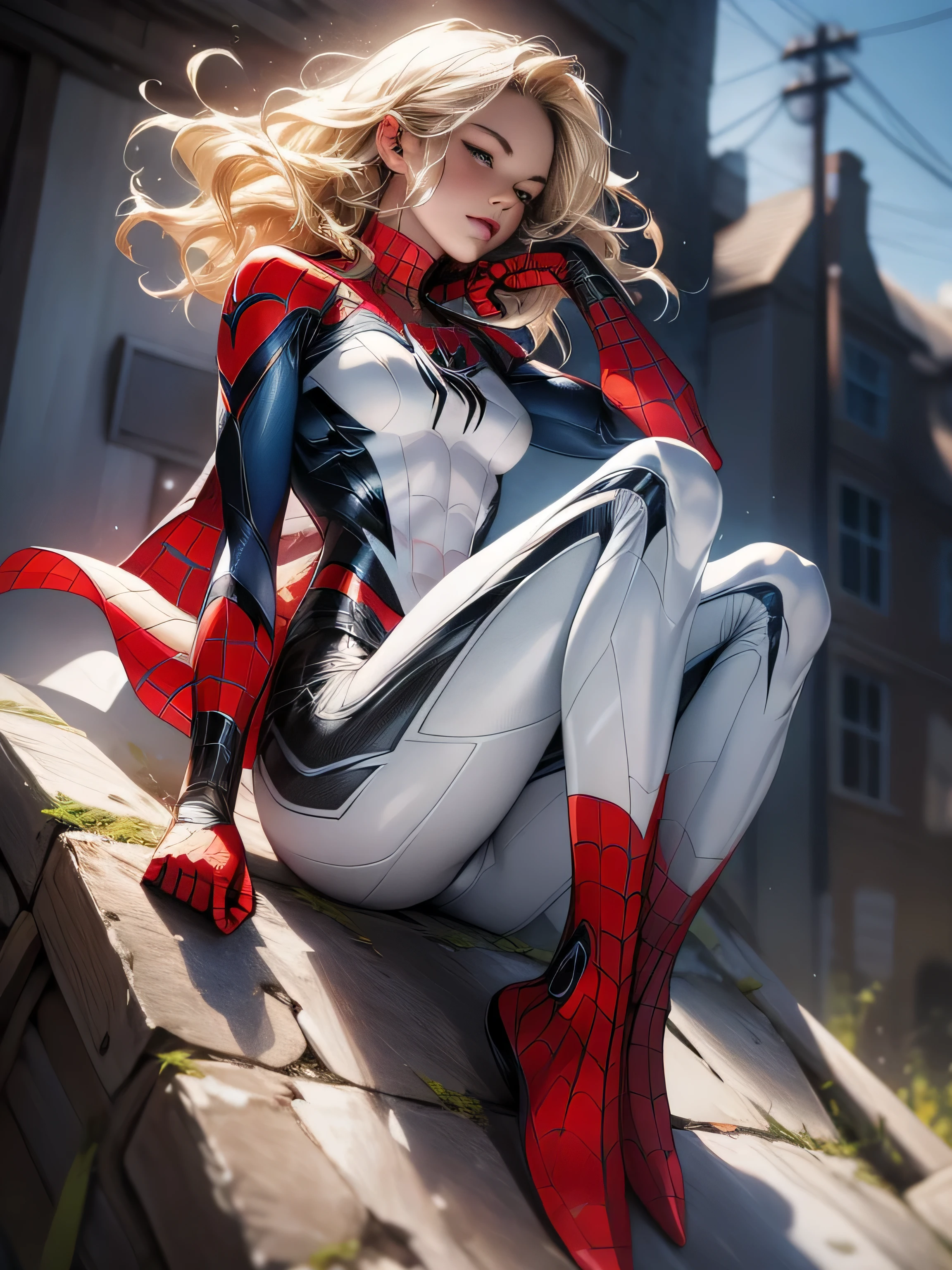 18yo Girl,White Spider-Man suit,short and wavy hair,blondehair,beautifulface,lluvia,teto,The Masterpiece,exquisite detailing,Perfect anatomy,best qulity,ultra-highresolution,4k, Full body Shot