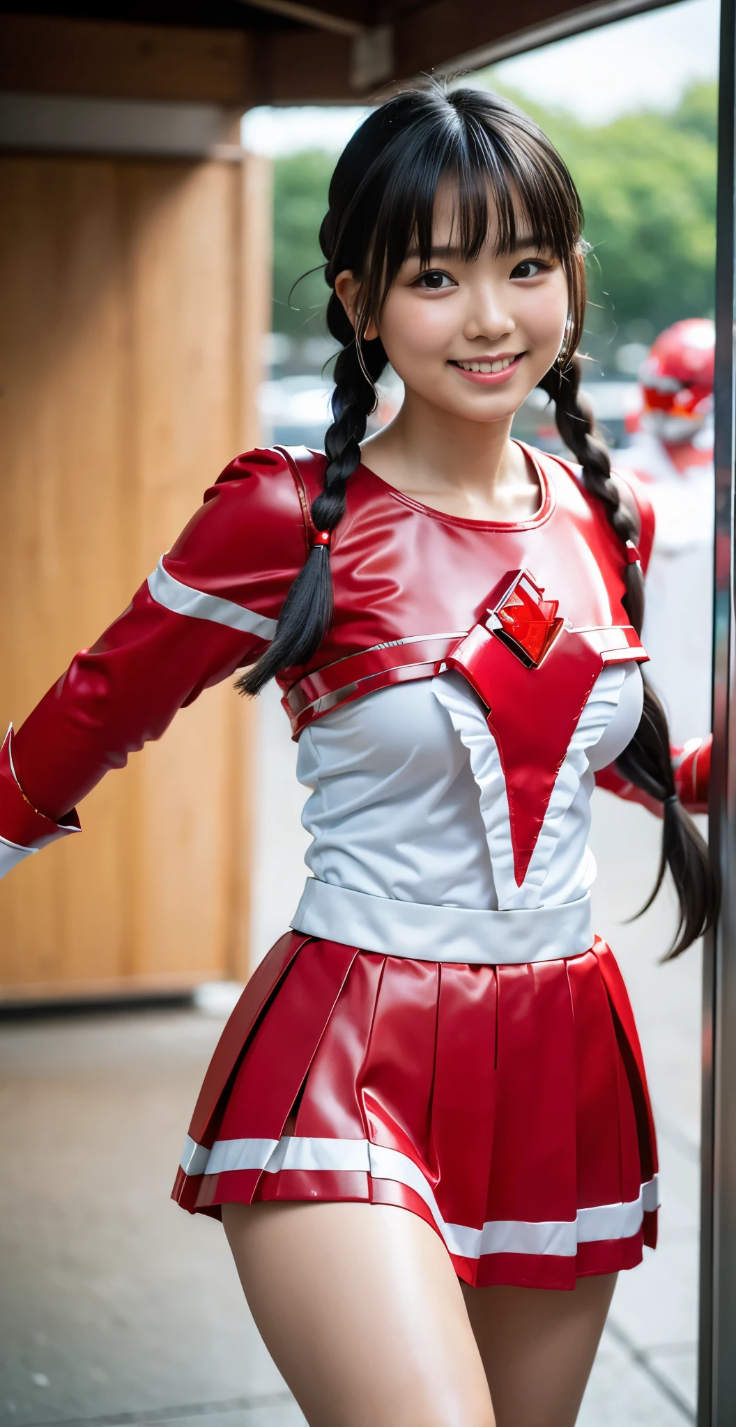 （8k、Raw photography、highest quality、masterpiece：1.2),(black haired、twin braids:1.5),show viewer,Looking at the front,erotic,white skin,(She is wearing the costume of the beautiful warrior Red Ranger.:1.8)、(Clothing that emphasizes the shape of your chest:1.4)、(big breasts:1.2)、slim body shape、ultra high resolution,beautiful,beautiful fece,(alone, alone、no background:1.9),whole bodyボディー,japanese woman,（Photoreal：1.37）、photon mapping,reality、(Baby-faced and cute: 1.5)、(cute smile: 1.7)、(With a round face: 1.8)、radio city、Physically based rendering、depth of field rally background、photograph, (I can see your knees,close up of thighs、too short skirt:1.5),whole body、super fine