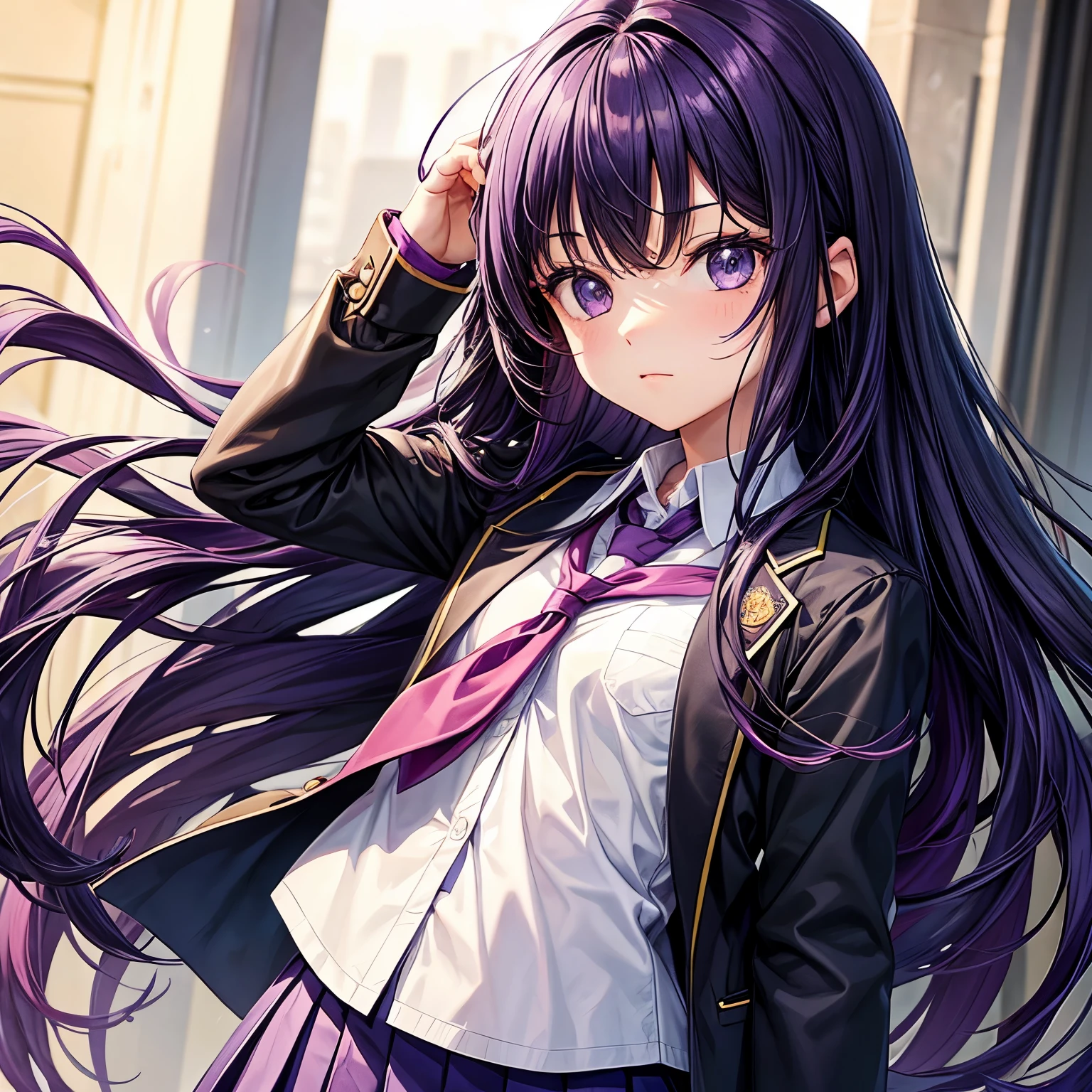 A 1 with school uniform,dark purple long hair,cute face mad