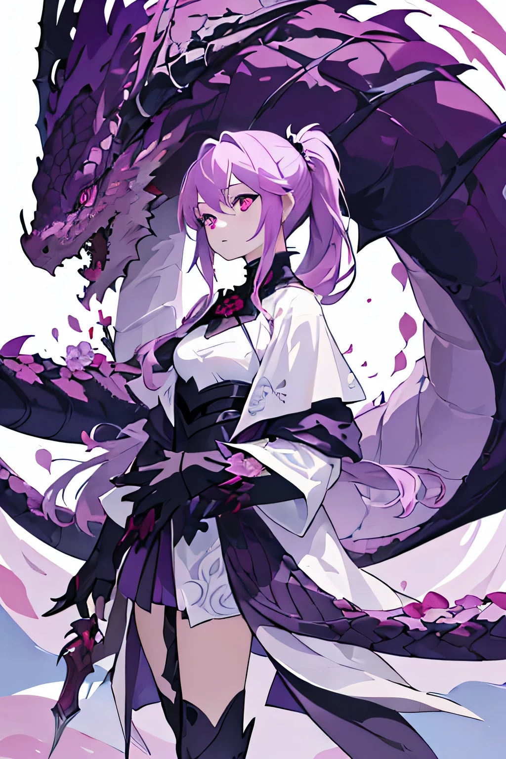 ((masterpiece, best quality)), (negative space: 1.2), (1 girl, alone: 1.4), petal, pink eyes, dragon girl, long, purple hair, high ponytail, liquid hair, flowers, dragon background
