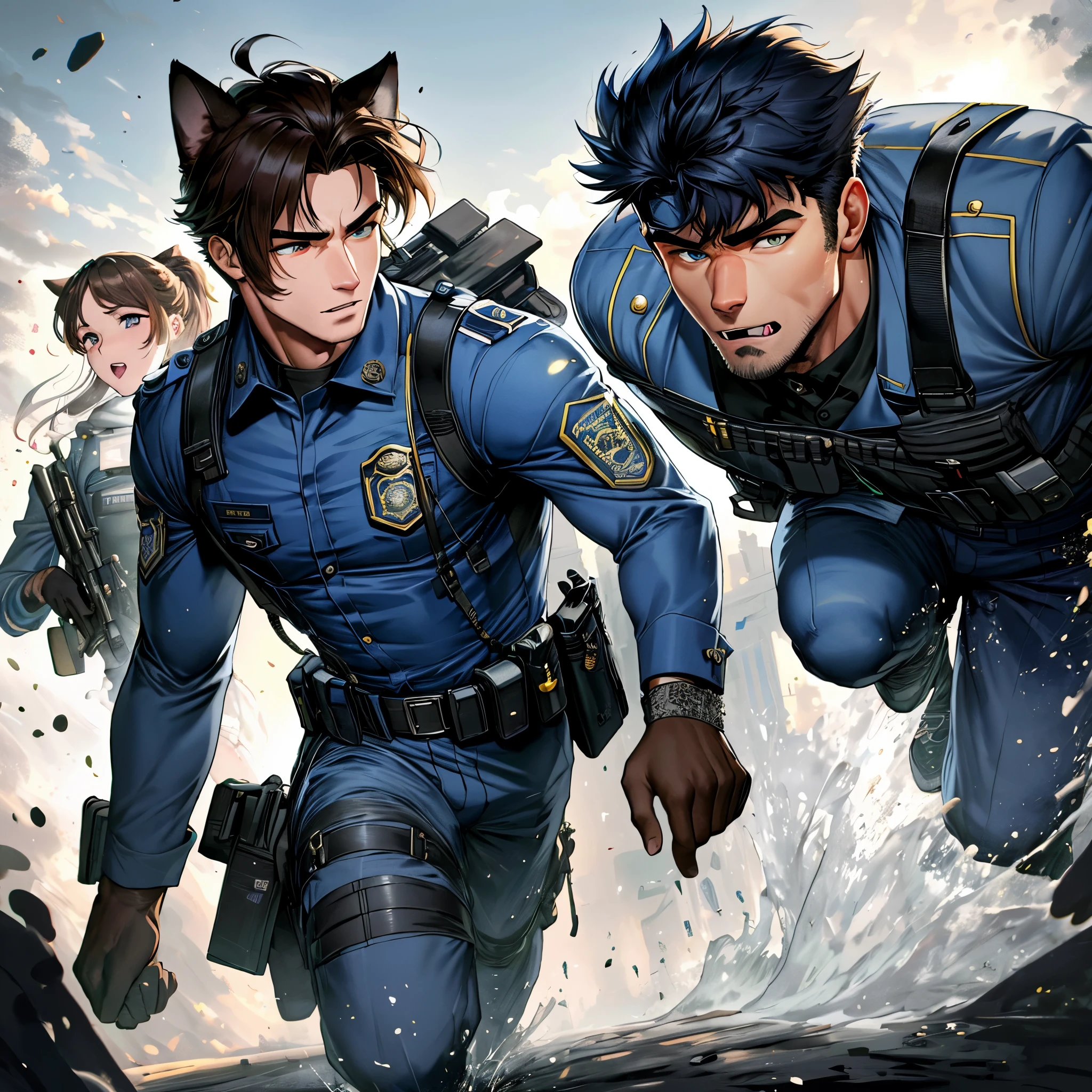 top quality, best quality, highres, masterpiece, super high resolution, detailed background, street, gasping for air(super handsome boys, dog)police officer, swat, police uniform, 6+boys, 6+girls, absurdres(highly detailed beautiful face and eyes)perfect anatomy, good lighting, volumetric lighting, cinematic shadow(kemono, furry anthro),