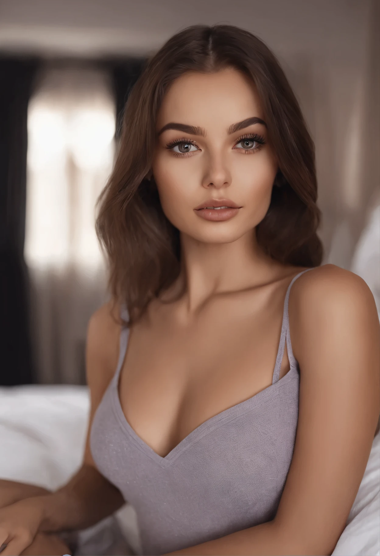 arafed woman fully , sexy girl with brown eyes, ultra realistic, meticulously detailed, portrait sophie mudd, brunette hair and large eyes, selfie of a young woman, bedroom eyes, violet myers, without makeup, natural makeup, looking directly at the camera, face with artgram, subtle makeup, stunning full body shot kneeling on bed, in bedroom, medium to large size bust