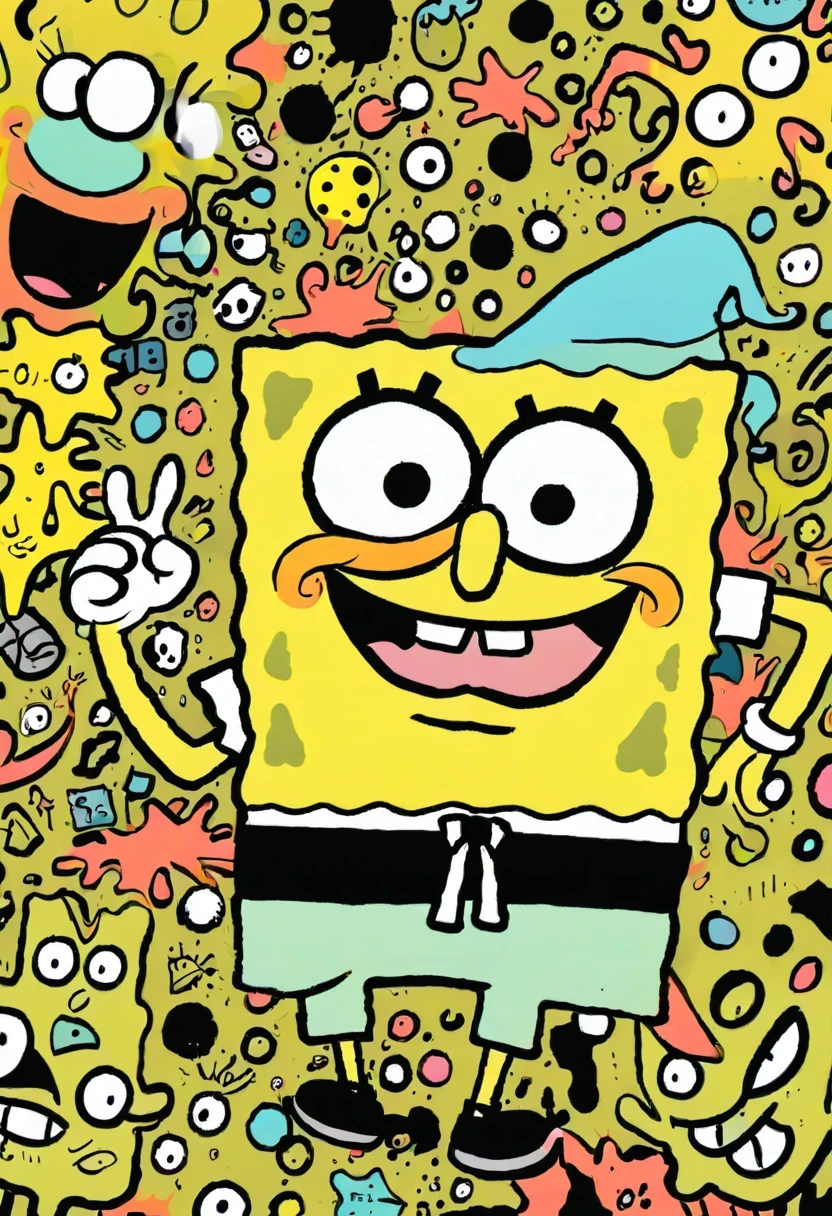 Graffiti漫画,Graffiti, wall,在wall上, whole picture, High resolution and high contrast,simple,spongebob
