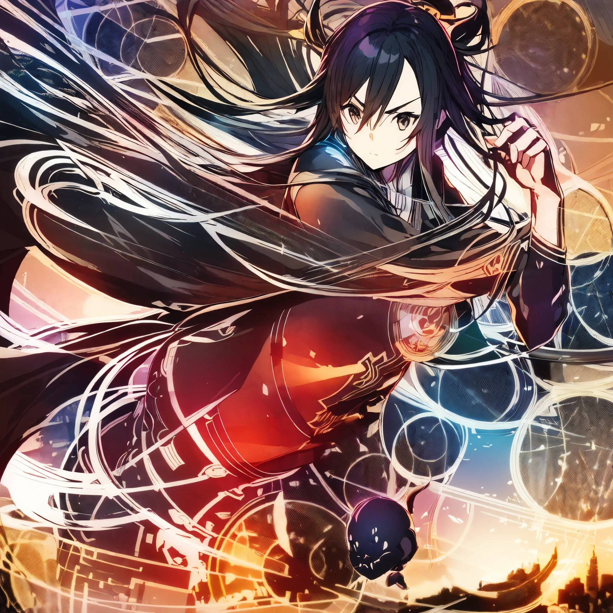 ink style, (((best quality))), Gorgeous sunset, Floating island (or "island"), dynamic angle, dynamic posture, (1 girl), brown eyes, (brunette.), (Medium chest: 4.5) black cloak, Chinese style, pretty face. --auto--s2