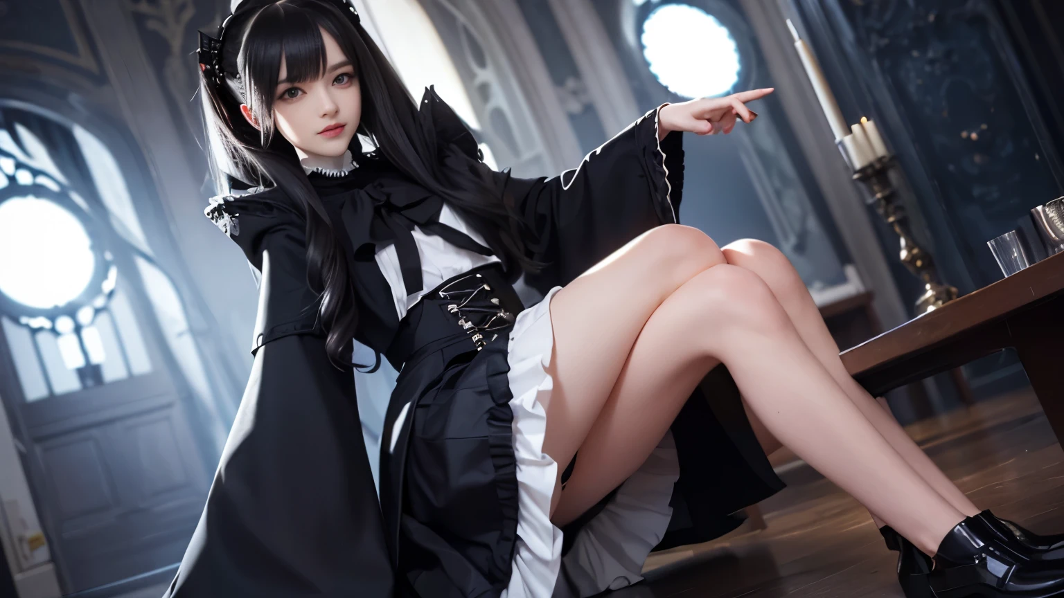 super beautiful photos,realistic,super detailed,detailed beautiful face and eyes,retina, table top, Accurate, anatomically correct,Alafe in black and white coat and black dress, ビクトリア朝のゴシックlolita fashion, loose coat collar sailor suit, ta style, loliashion, ((wearing a noble's robes)), victorian style clothing, black gothic lolita d, dark style, black rococo, gothic coat, wearing a flashy black jacket, Victorian aristocracy,ultimate beautiful girl,Beautiful blue eyes that shine,princess hair,((smooth hair,fine hair,very thin hair)),(knee length skirt:1.7),1 girl,((,thin legs,thin thighs)),slim body shape,highly detailed eyes and face、beautiful and fine eyes,cool color makeup,According to II,Lens flare,sharpen,cinematic shadow,smile