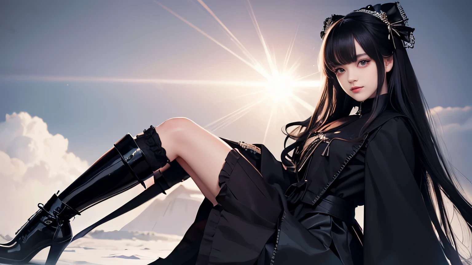 super beautiful photos,realistic,super detailed,detailed beautiful face and eyes,retina, table top, Accurate, anatomically correct,Alafe in black and white coat and black dress, ビクトリア朝のゴシックlolita fashion, loose coat collar sailor suit, ta style, loliashion, ((wearing a noble's robes)), victorian style clothing, black gothic lolita d, dark style, black rococo, gothic coat, wearing a flashy black jacket, Victorian aristocracy,ultimate beautiful girl,Beautiful blue eyes that shine,princess hair,((smooth hair,fine hair,very thin hair)),(knee length skirt:1.7),1 girl,((,thin legs,thin thighs)),slim body shape,highly detailed eyes and face、beautiful and fine eyes,cool color makeup,According to II,Lens flare,sharpen,cinematic shadow,smile
