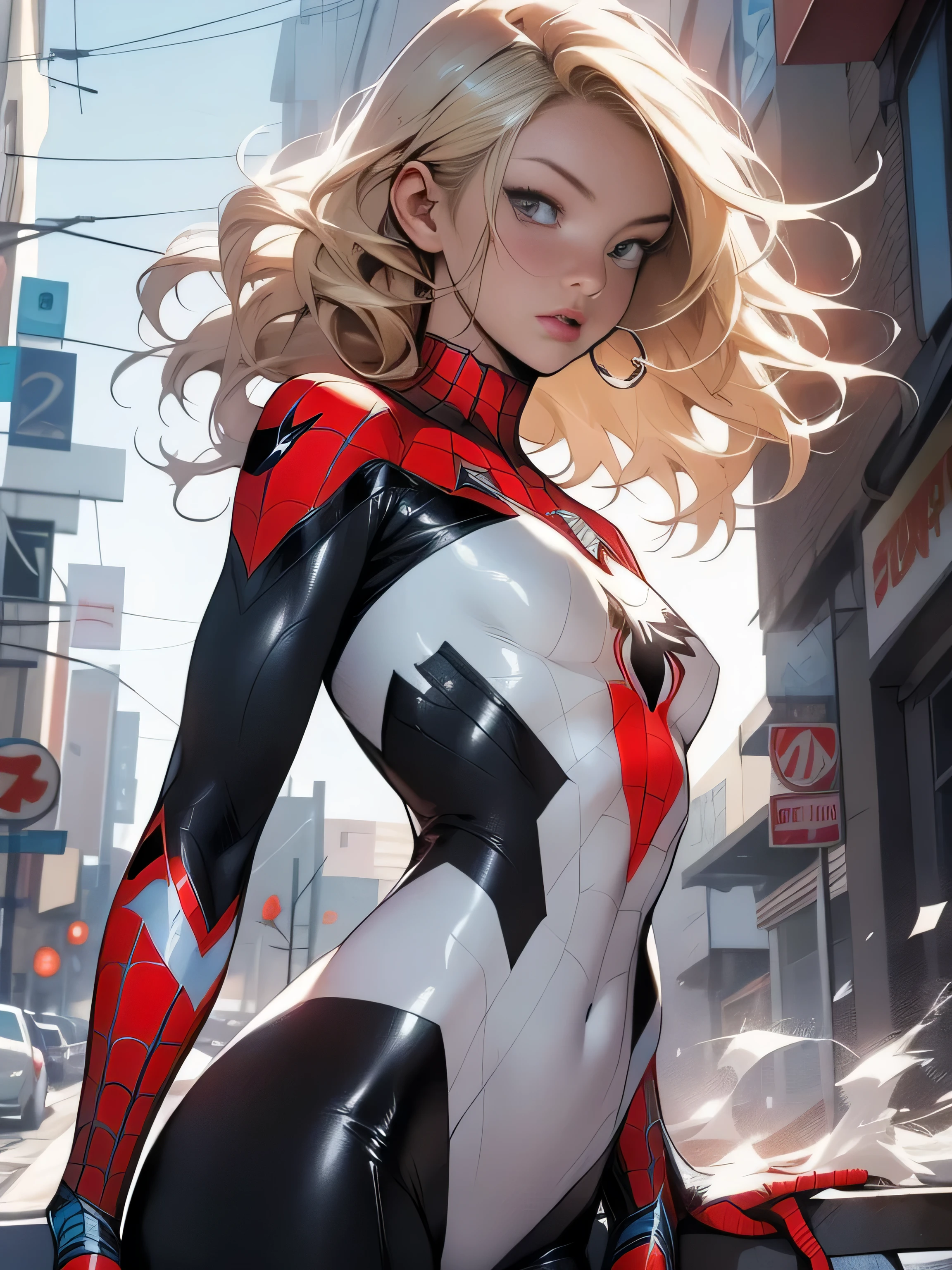 18yo Girl，White Spider-Man suit，short and wavy hair，blondehair，beautifulface，lluvia，teto，The Masterpiece，exquisite detailing，Perfect ???????，best qulity，ultra-highresolution，4k