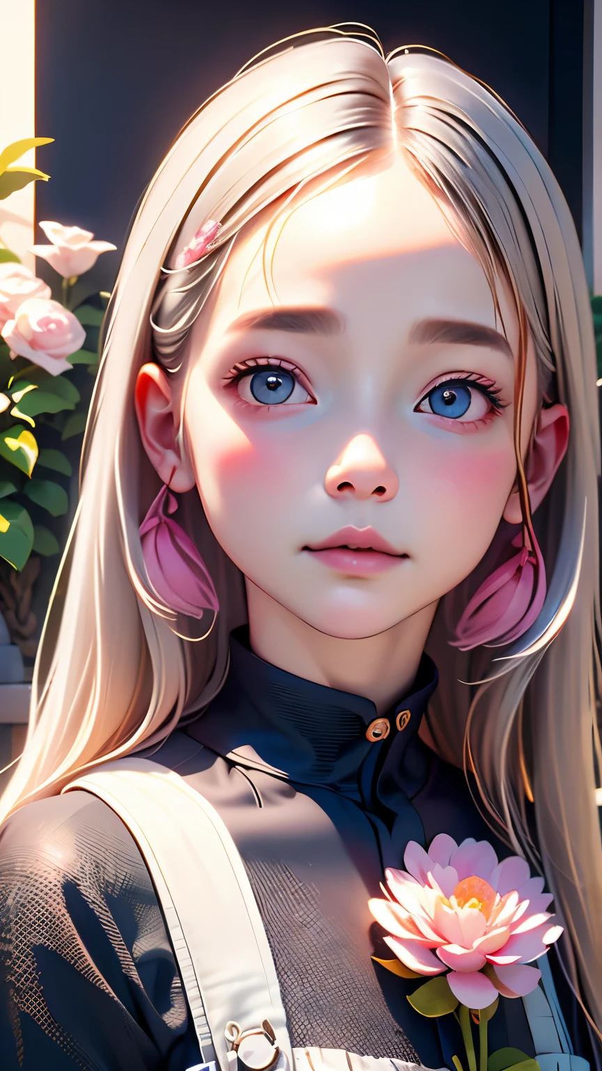 A wall with pictures of flowers on a white wall、Wall with artistically painted pink flowers、one girl、adorable girl、cute face、ash gray heine eyes、silence、zazen、small breasts、costumes with intricate decorations、highest quality、best image quality、masterpiece:1.3、portrait、8K、perfect lighting、professional photographer、