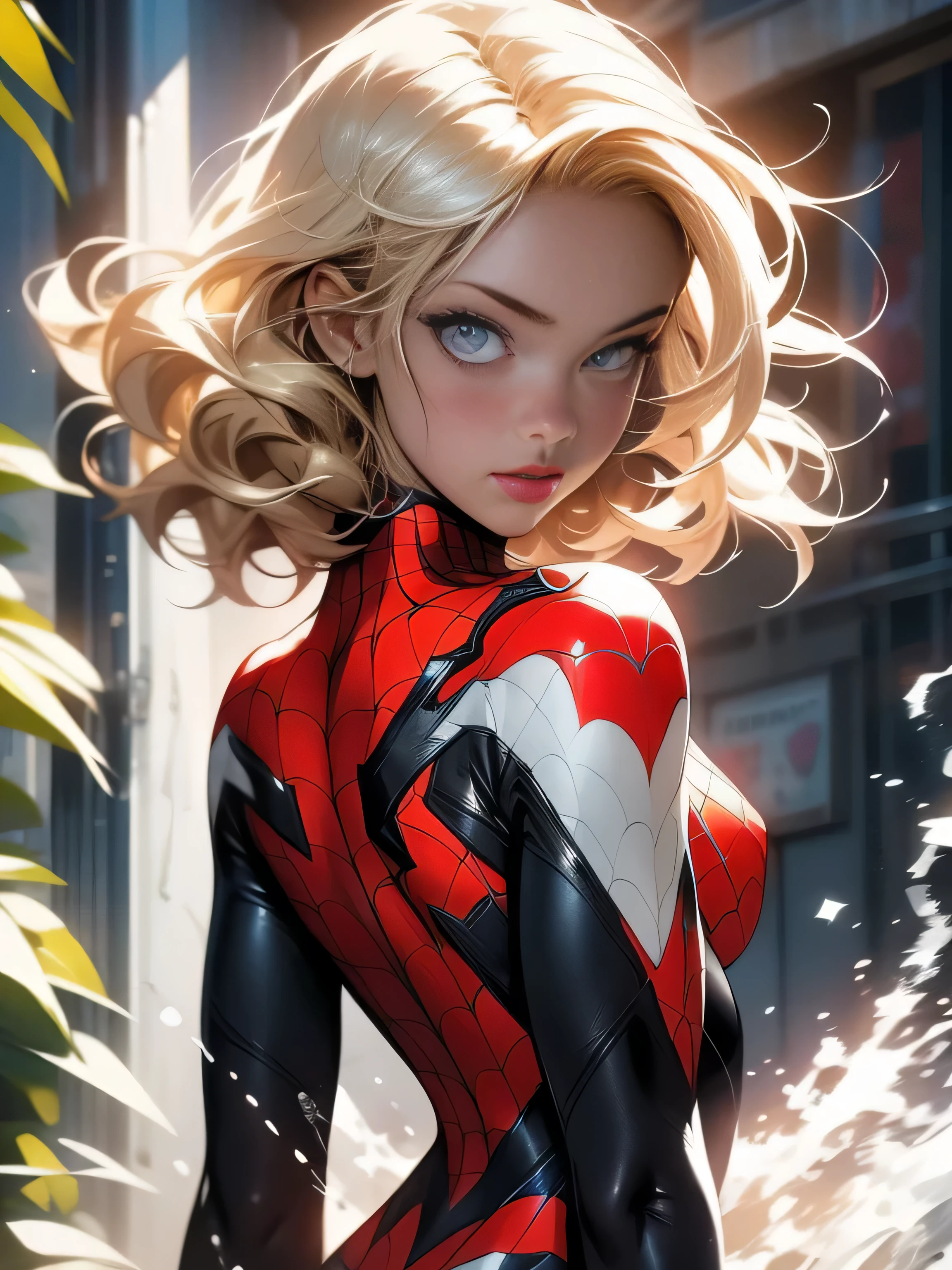 18yo Girl，White Spider-Man suit，short and wavy hair，blondehair，beautifulface，lluvia，teto，The Masterpiece，exquisite detailing，Perfect anatomy，best qulity，ultra-highresolution，4k