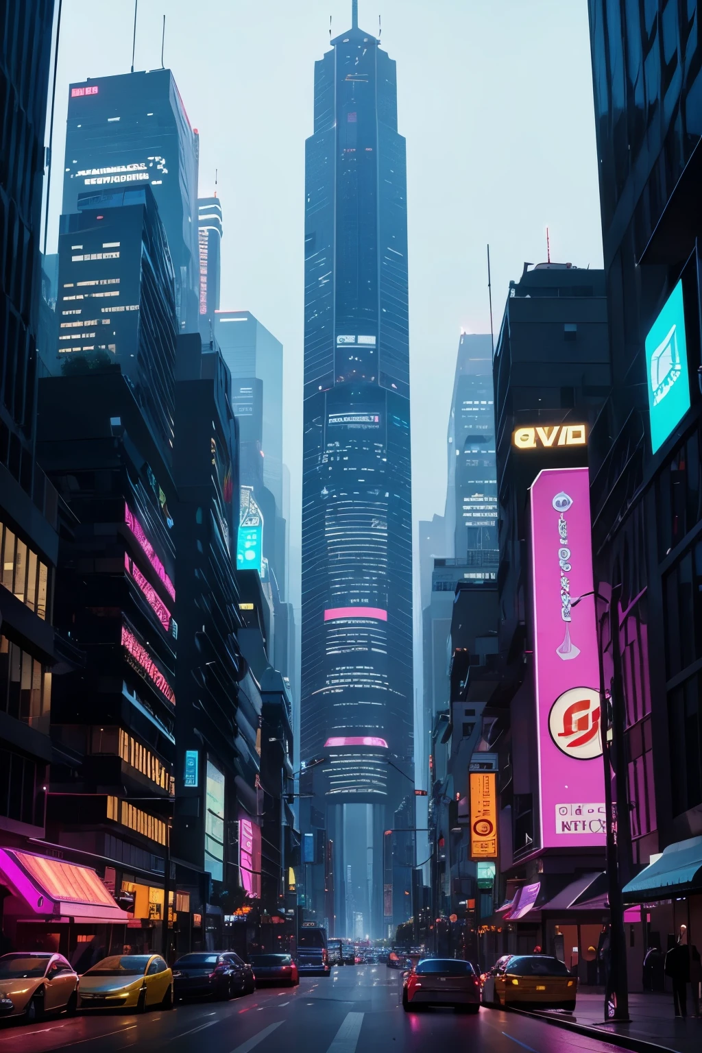 Descreva uma paisagem urbana futurista em 2050, Where futuristic skyscrapers soar into the sky, illuminated by pulsating neon lights. em uma das faces do aranha ceu central tem as letras MKTV escritas de cima para baivo,The streets are full of silent flying vehicles, enquanto hologramas flutuantes exibem publicidade interativa. Vertical gardens cover the facades of buildings, combinando natureza e tecnologia. The sidewalks are made of self-cleaning material and change color as people pass by. Descreva os sons, smells and physical sensations of this futuristic landscape, 8K, Cinematic lighting.