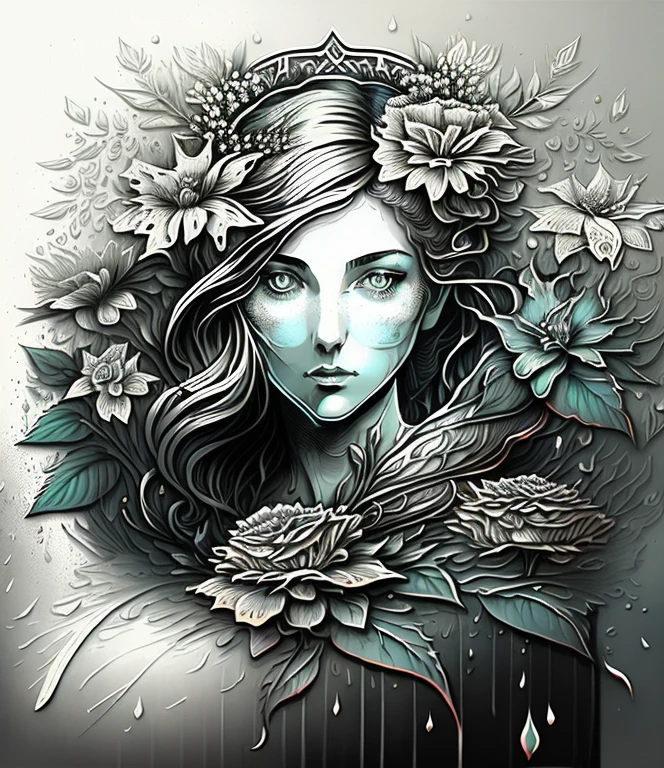 Close-up of a painting of a woman with flowers, Beautiful art UHD 4K, beautiful amazing digital art, sketch black and white colors, exquisite digital illustration, Stylized beauty portrait, digital illustration style, black and white vector art, amazing digital art, beautiful woman with detailed face, high quality sketch art, black & white art, beautiful digital art