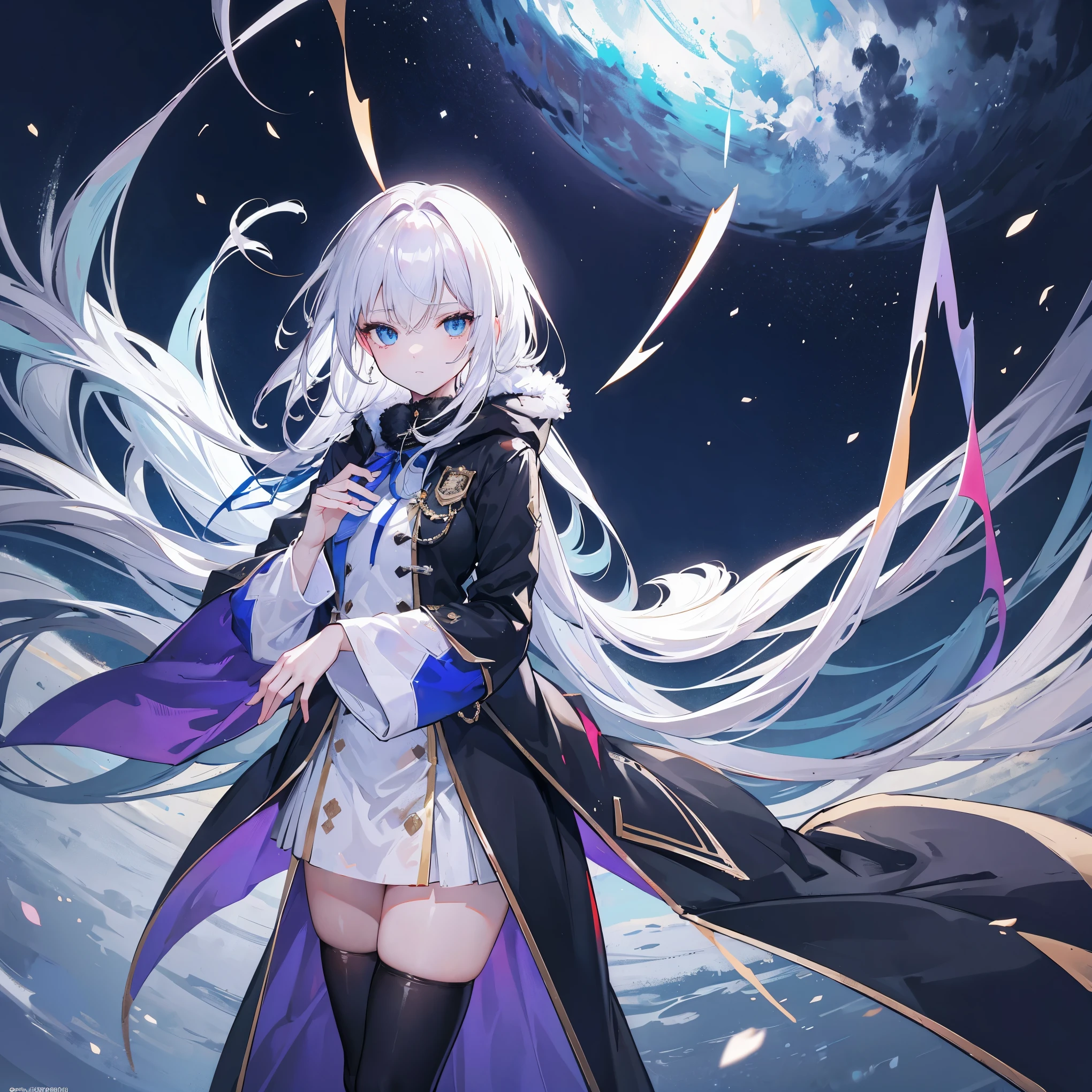 (extremely detailed 8K wallpaper),(ultra-detailed),(best quality),(masterpiece),(highly detailed),(cinematic lighting),(Original),Cold ligh,moody,32K depth of field,anime characters,White hair and blue eyes,(((hands hidden in sleeves))),((No hands)),((Slim trench coat)),(((shy的微笑))),(shy),white_thighhighs,thighhighs