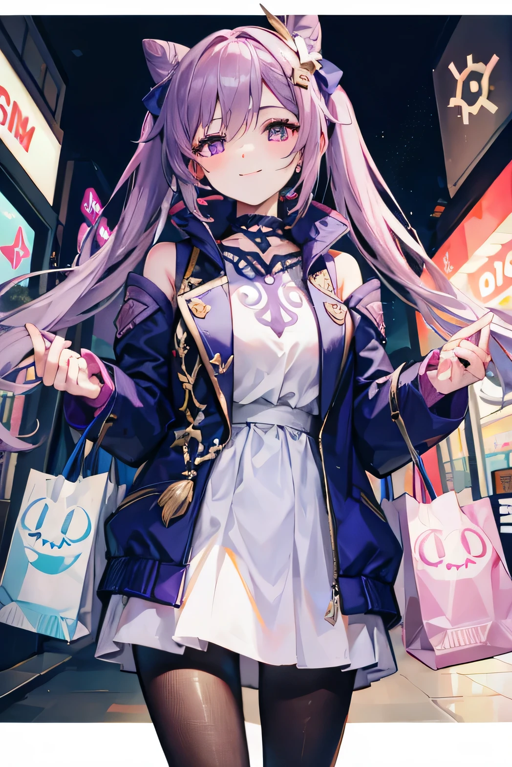 solo, closeup , wearing pink girl's outerwear , closing her eyes, shopping mall background, 2 shopping bags on her each hands ,smiling,