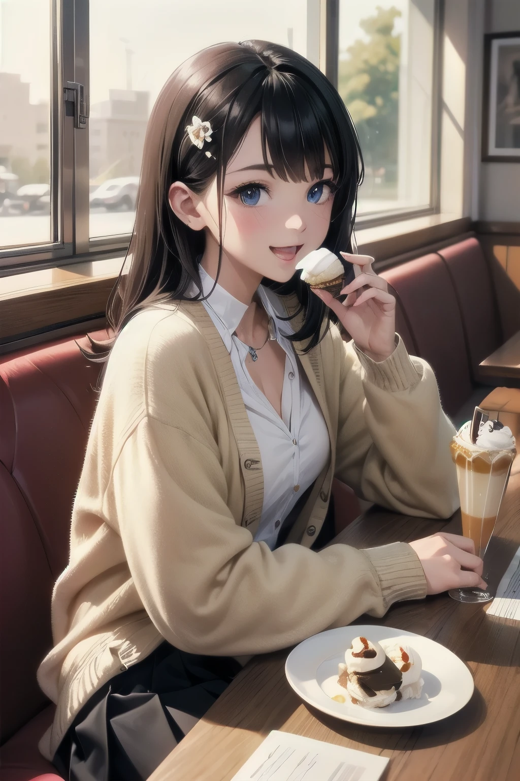 Very cute and beautiful girl sitting on a chair in a cafe,(very detailed美しい顔と目),
white blouse,smile,Happy,(beige cardigan:1.2) BREAK zettai ryouiki,low twin tails,black hair,
(blue plaid mini skirt:1.2),(cup of tea),(sandwich on a plate),(salad in a bowl),window,Ocean View,
(highest quality,masterpiece:1.2),disorganized,High resolution,super detailed,very detailed,32K,8K resolution,
intricate details,movie-like scene,detailed background,alone,dynamic angle,