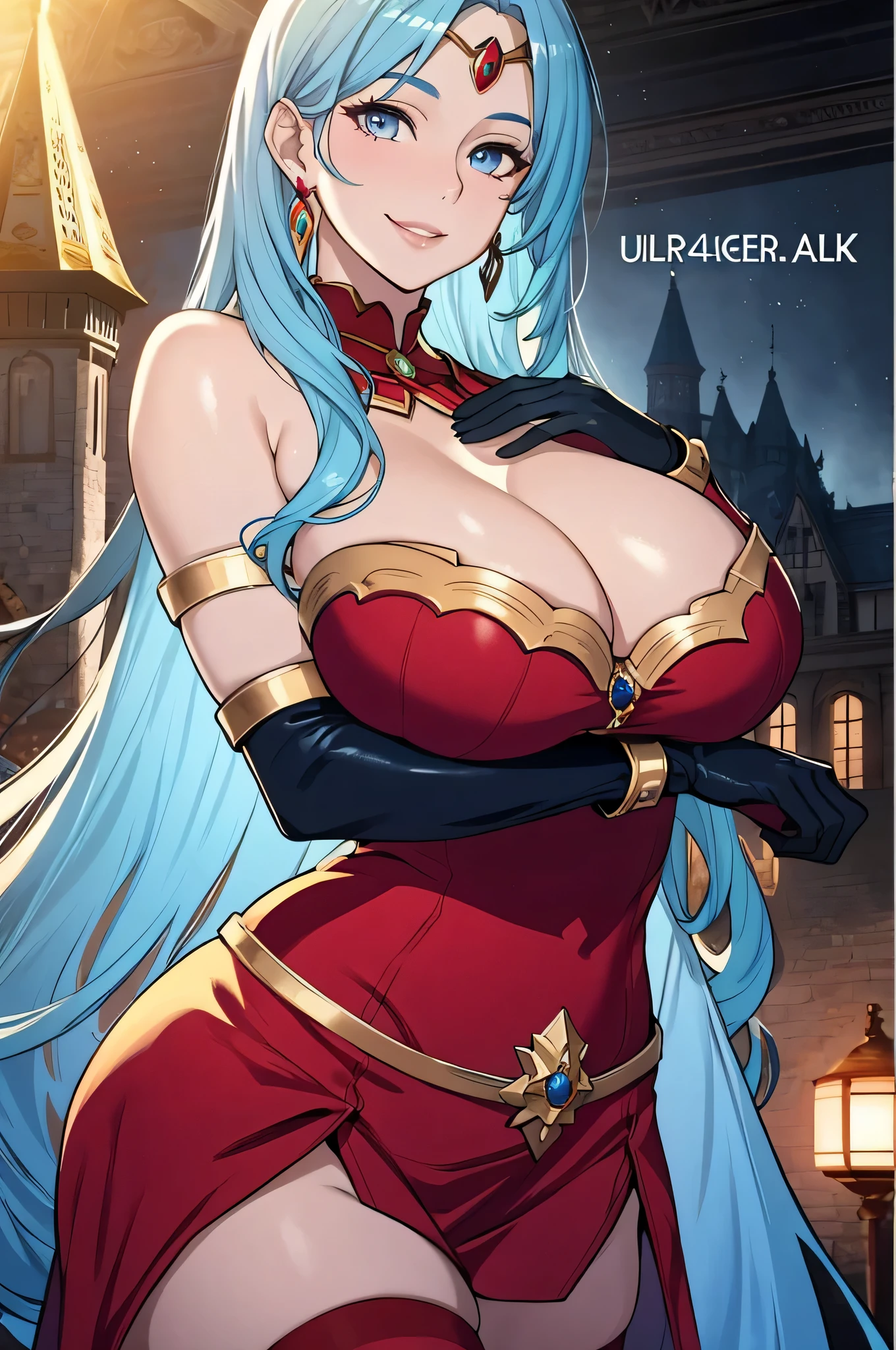 Lian, light blue hair, hair stick, bangs, blue eyes, solo, smiling, standing, upper body, hips, bare shoulders,purple thighhighs, red dress, gold jewelry,armor,gloves,circlet, cleavage, red and gold royal castle, gigantic breasts, (best quality, masterpiece, beautiful and aesthetic:1.2, highest detailed face, perfect face,)  eyes, perfect face,expressive eyes,
looking at viewer, in the center of the image,(Upper_body),(Focus on her face),
official art,extremely detailed CG unity 8k wallpaper, perfect lighting,Colorful, Bright_Front_face_Lighting,shiny skin, 
(masterpiece:1.0),(best_quality:1.0), ultra high res,4K,ultra-detailed
