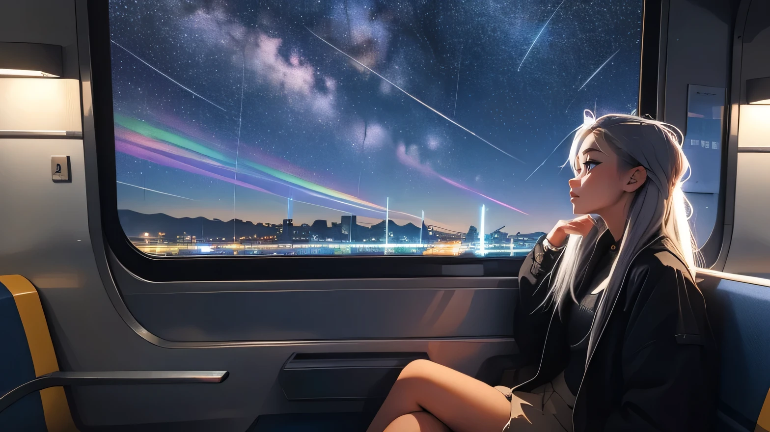 train, Sit by the window, take a pensive posture, look at the stars, My head got stuck in the glass, Scenery passing by at high speed, night trip, beautiful starry sky, Beautiful girl, UHD Portraits, (high quality) (ultra detail) Observation of a viewer wearing hip-hop style street clothes; different, fancy, long colored silver hair 🌈