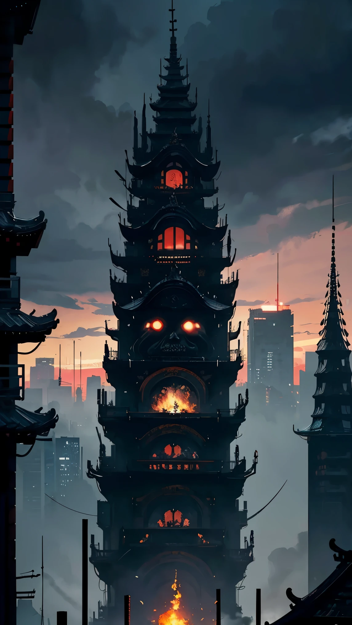art by Tsutomu Nihei,(gothic but extremely beautiful:1.4), (masterpiece, best quality:1.4) , opart style front face samurai big laugh with hannya mask and flame eyes., sharp focus, emitting diodes, smoke, artillery, sparks, racks, system unit, motherboard, by pascal blanche rutkowski repin artstation hyperrealism painting concept art of detailed character design matte painting, 4 k resolution blade runner,china style building,temple,Fearful crowd,cloudy_sky,thunder,Samurai hanny mask,..
,Movie Still,DonMPl44T3chXL ,ghost person