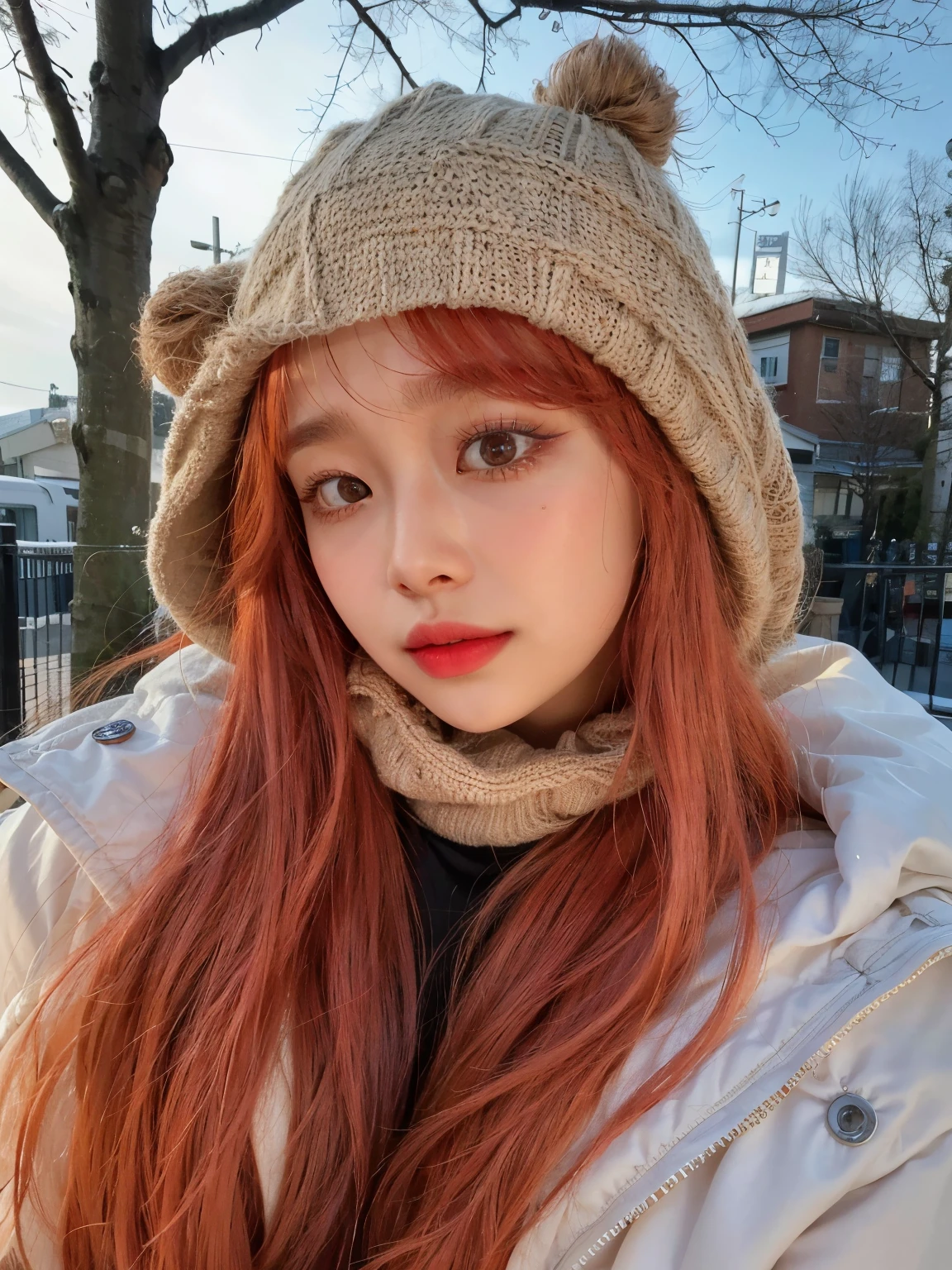 arafed woman with red hair wearing a hat and scarf, lalisa manobal, roseanne park of blackpink, lalisa manoban of blackpink, she has long redorange hair, gemma chen, cold as ice! 🧊, portrait of jossi of blackpink, with long red hair, with red hair, jossi of blackpink, with bangs