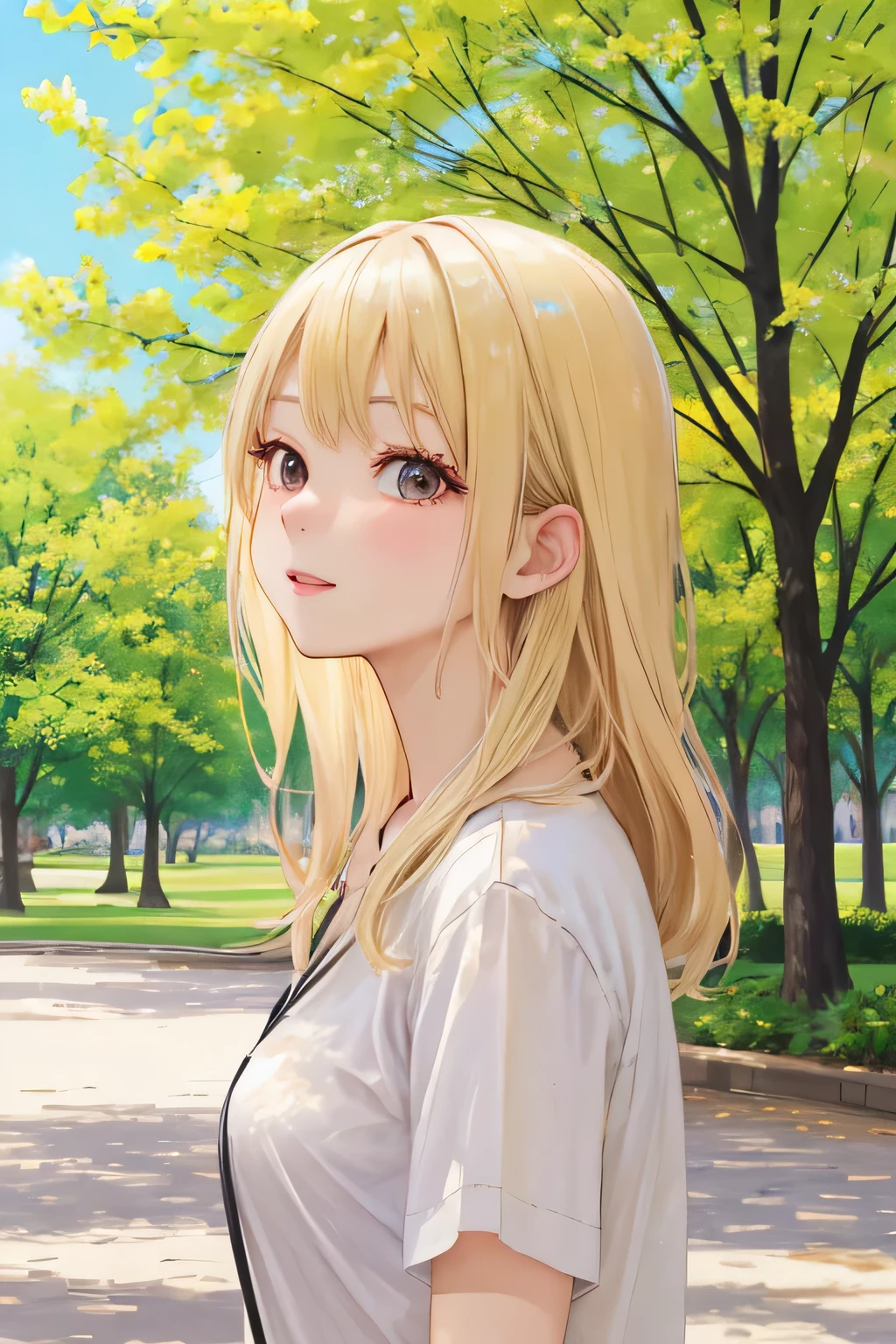 blonde foreign girl、park background