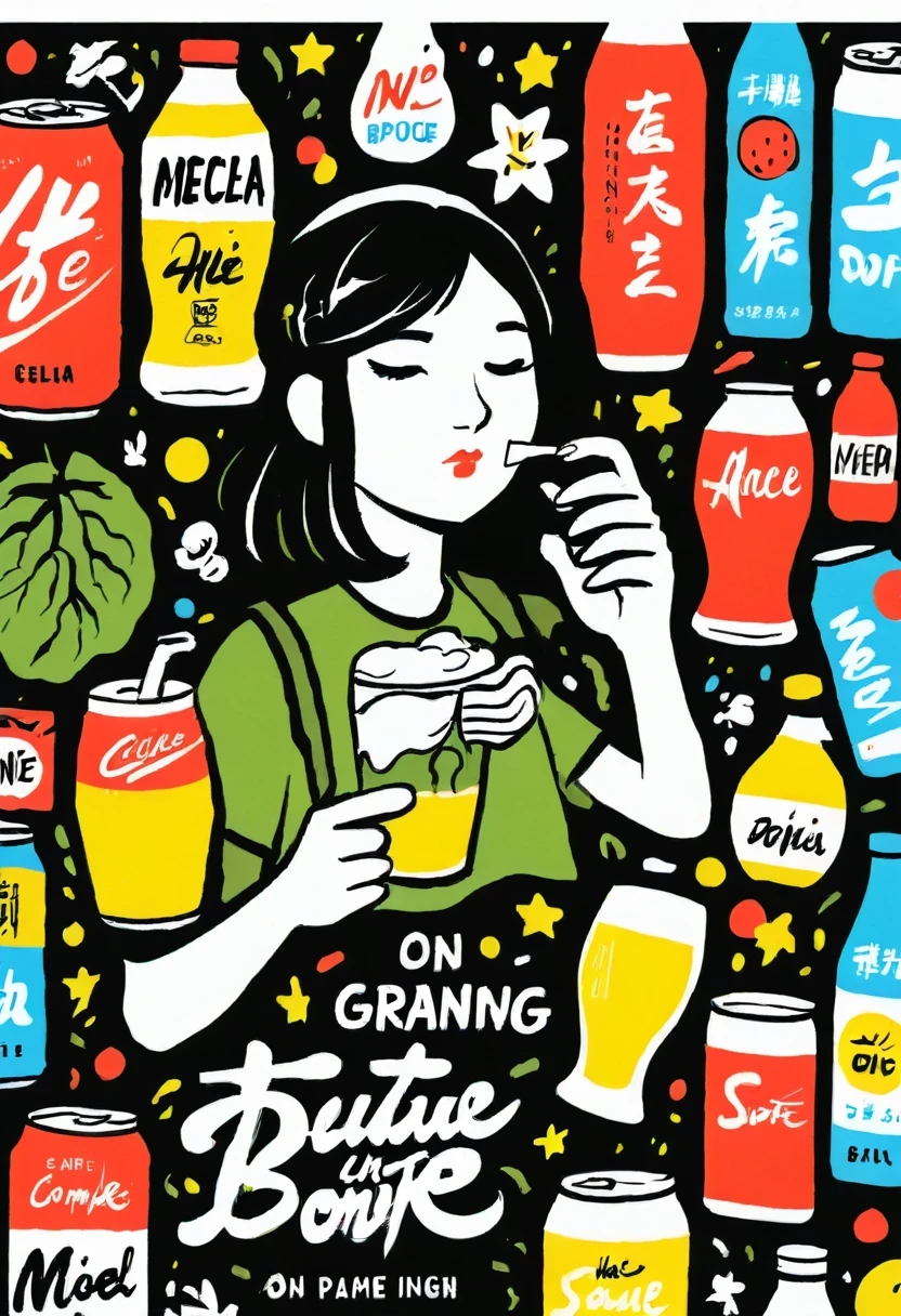 Graffiti漫画,Graffiti, wall,在wall上,whole picture, High resolution and high contrast,simple,Beverage brand posters