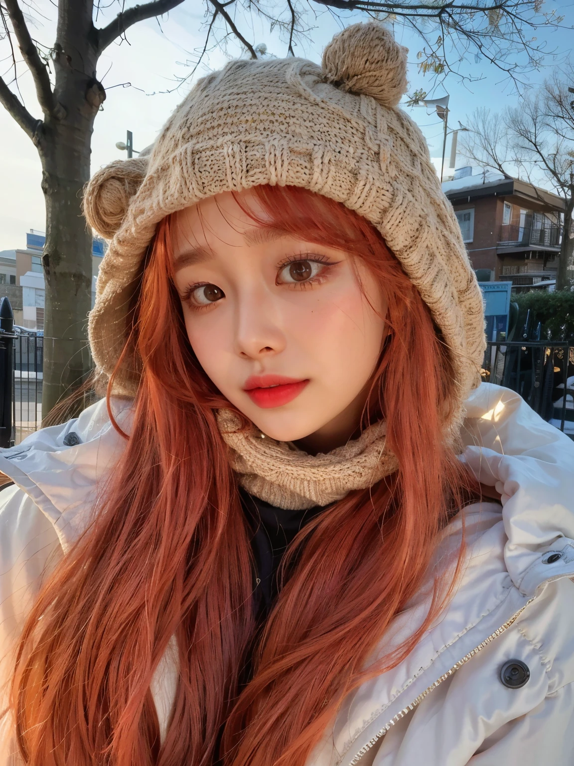 arafed woman with red hair wearing a hat and scarf, lalisa manobal, roseanne park of blackpink, lalisa manoban of blackpink, she has long redorange hair, gemma chen, cold as ice! 🧊, portrait of jossi of blackpink, with long red hair, with red hair, jossi of blackpink, with bangs