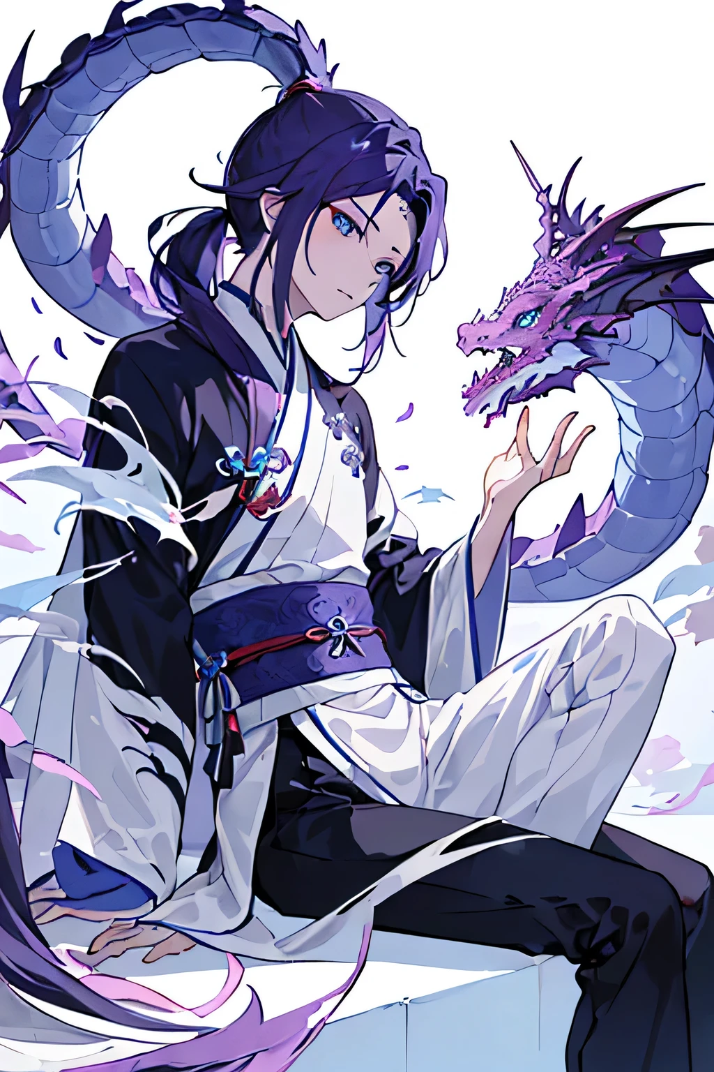 ((masterpiece, best quality)), (negative space: 1.2), (1 boy, alone: 1.4), petal, blue eyes, and dragons, long, purple hair, high ponytail, liquid hair, flowers, dragon background，Hanfu，With dragons

