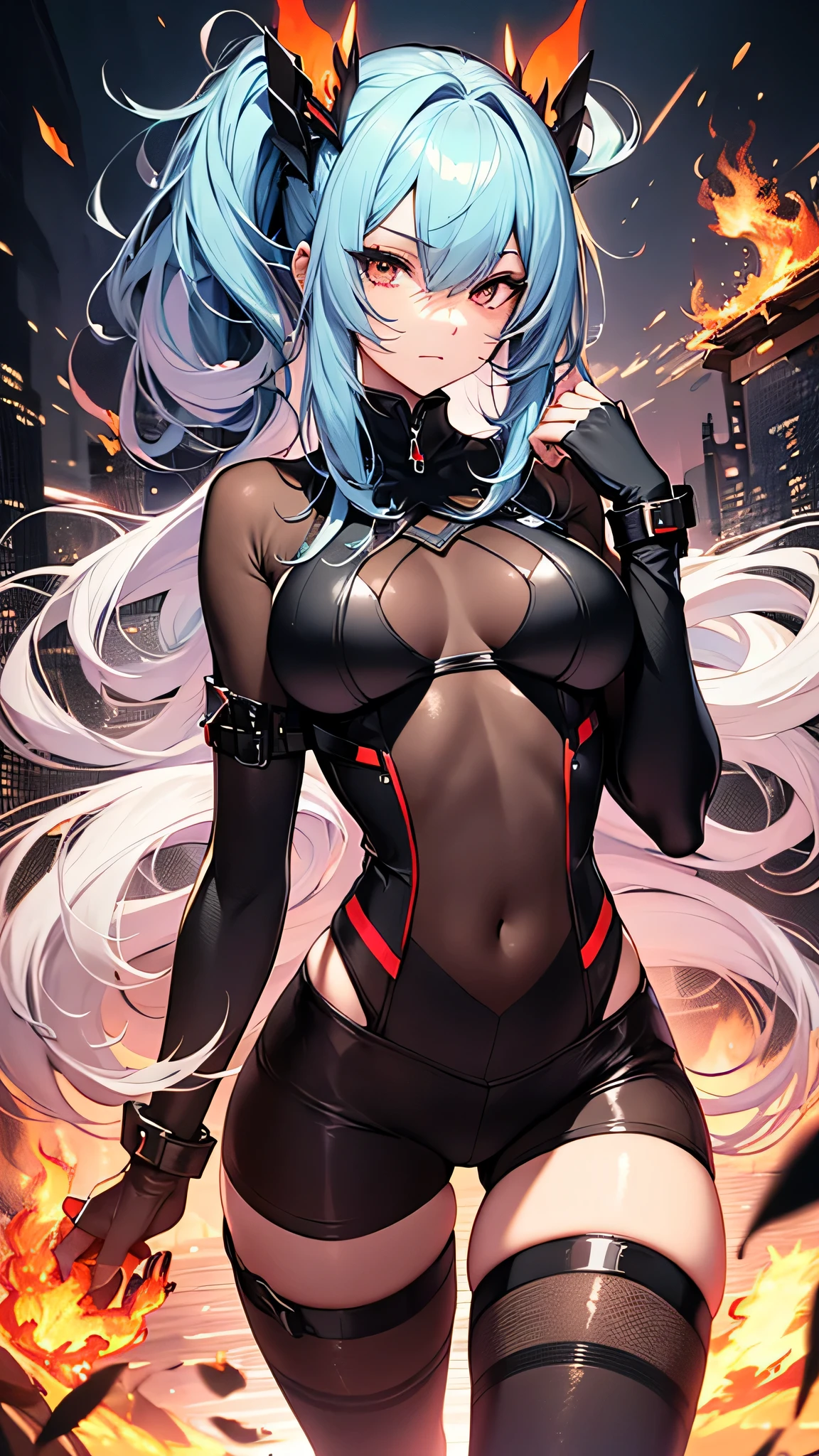 最high quality、best image quality、masterpiece、age girl((20-year-old、 By becoming、vest bust、medium bust,wide open breast tea、shining eyes, light blue hair、long hair、thin,highest valley、ponytail、monster arm、monster leg arm、fighting pose)),high quality、beautiful art、background((spark、up in flames、red lighting))、Flight、debris flies、Depth of written boundary、movie、visual art、perfect art、8k,genuine、