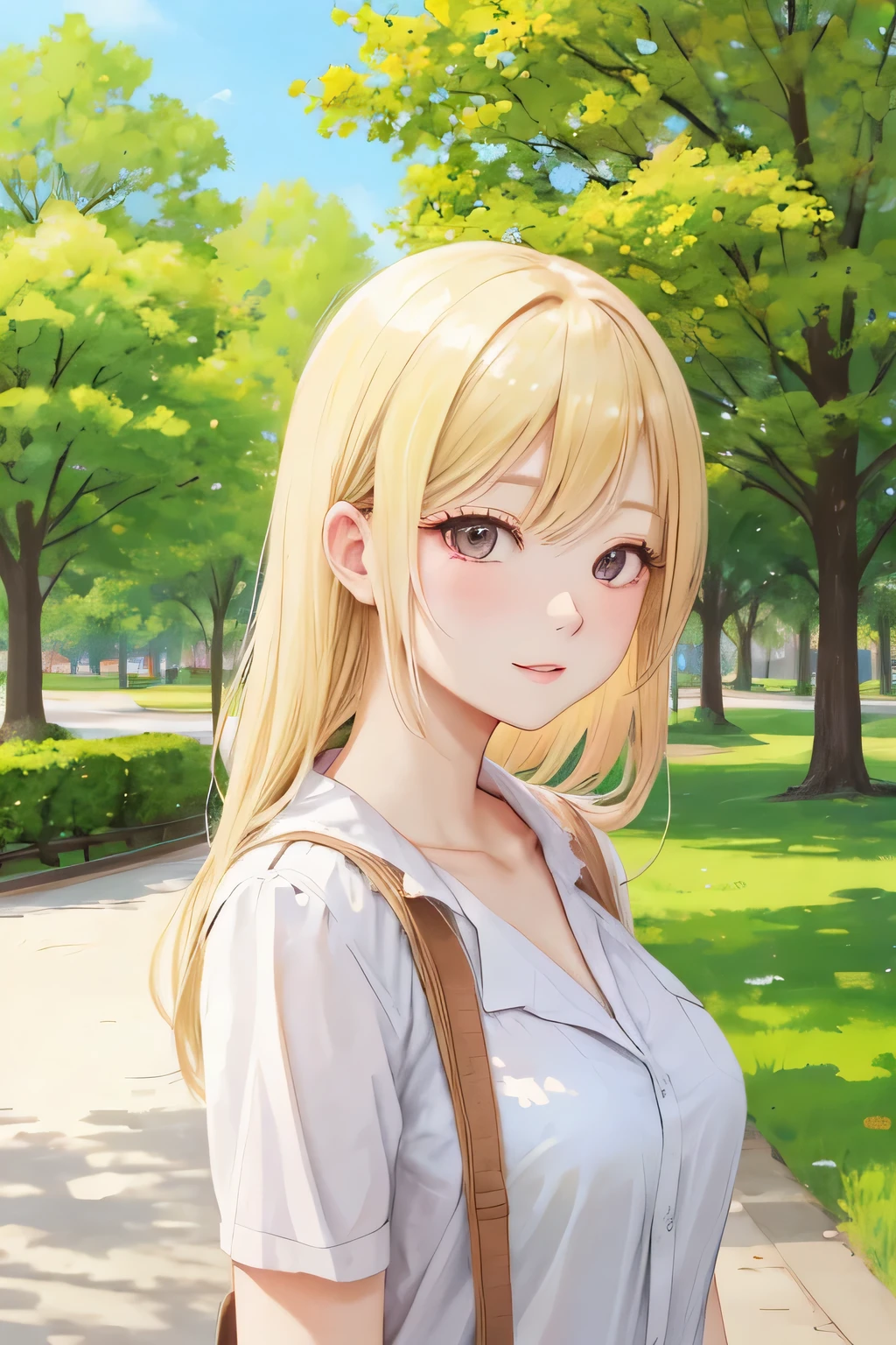 blonde foreign girl、park background
