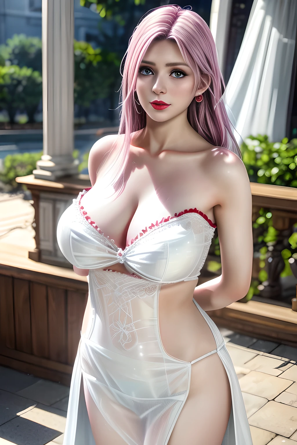 1 girl,Alice,(pajamas),(White strapless dress:1.4),Outdoor activities,  (standing posture),grace,(((red lips))), Lips slightly open,  clavicle,Lactation,(huge breasts:1.3),skin shiny,((8k, original photo, top quality, masterpiece), HD RAW color photos professional close-up photos, (actual, photorealism: 1.37), (best quality),8k,Fabric luster,alone,