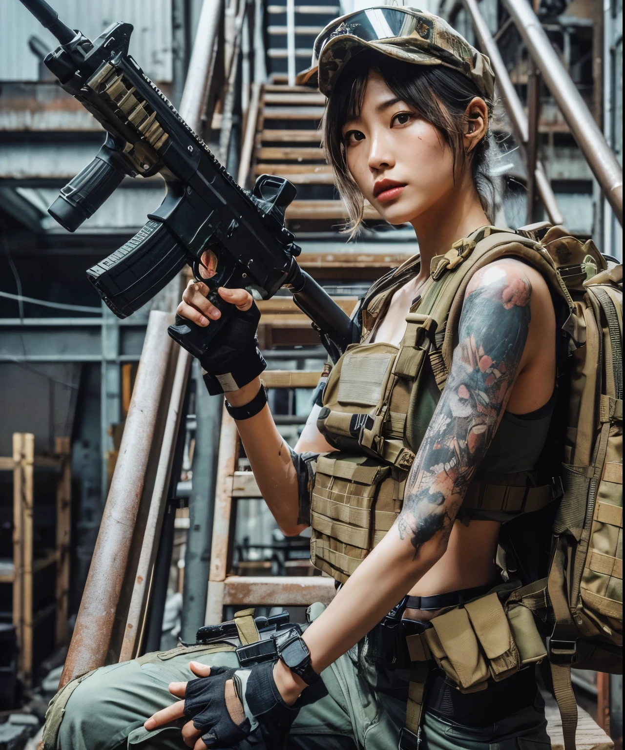 Japanese women in the US military、Holding an automatic rifle and looking nervous、bulletproof vest、Backpack、A detailed depiction of Hulk holding an automatic rifle in a post-apocalyptic setting. The focus should be on the realistic skin texture of Hulk, capturing every nuanced detail. The scene should be gritty, with debris and impurities scattered around. The colors should be vibrant, contrasting against the desolate backdrop. The lighting should be intense, casting dramatic shadows and highlights on Hulk and the surrounding environment. The image should be of the best quality, with high resolution and a photorealistic rendering.