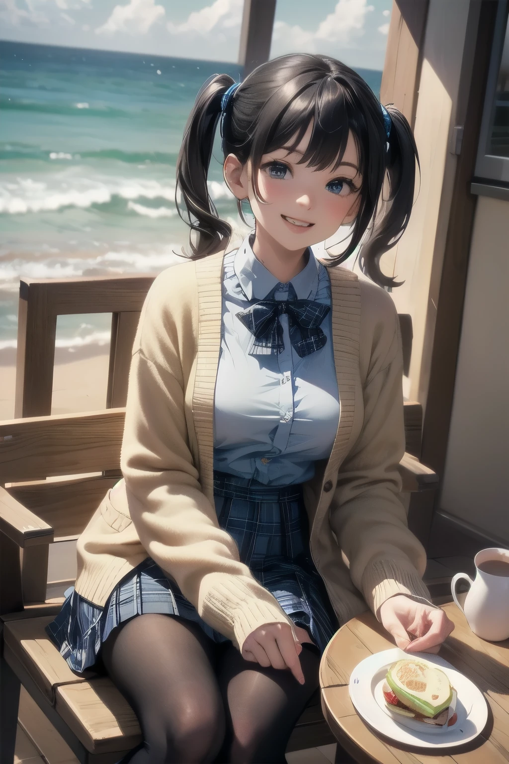 very cute and beautiful girl sitting on chair of cafe,(highly detailed beautiful face),
white blouse,laugh,happy,(beige cardigan:1.2) BREAK zettai ryouiki,low twintails,black hair,
(blue plaid mini skirt:1.2),(cups of tea),sandwiches on plate,(gratin soup),window,ocean view,
(best quality,masterpiece:1.2),absurdres,highres,ultra-detailed,extremely detailed,32k,8k resolution,
intricate details,cinematic scene,detailed background,solo,dynamic angle,