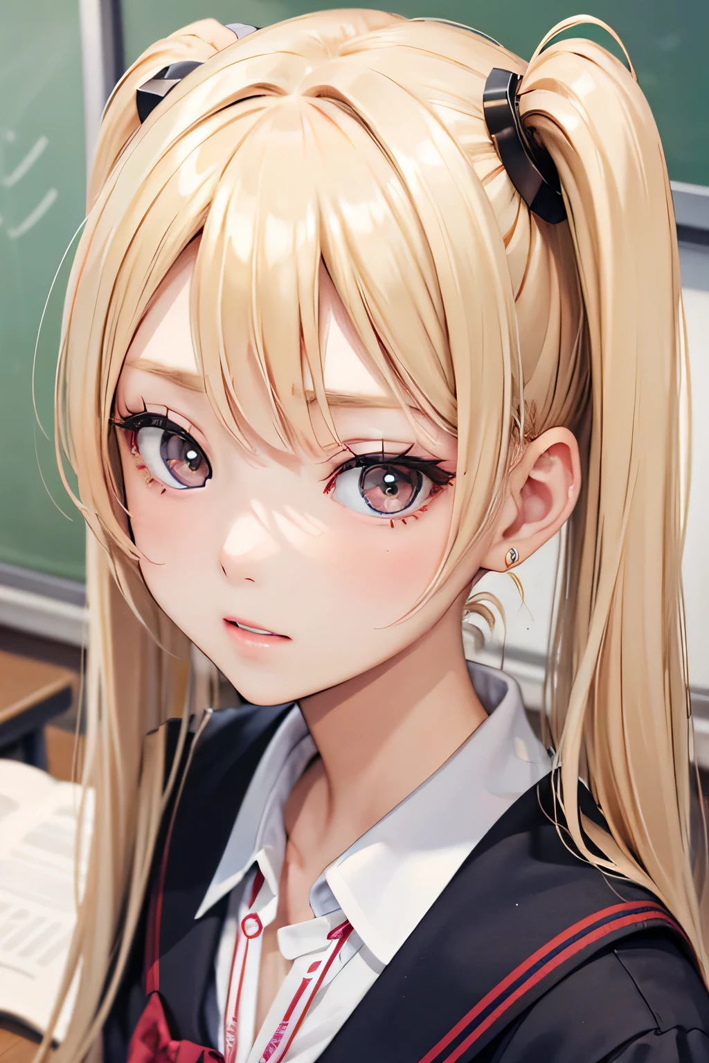 blonde、girl1、twin tail hair、classroom、sit、study、Please refer to the textbook、close up of face