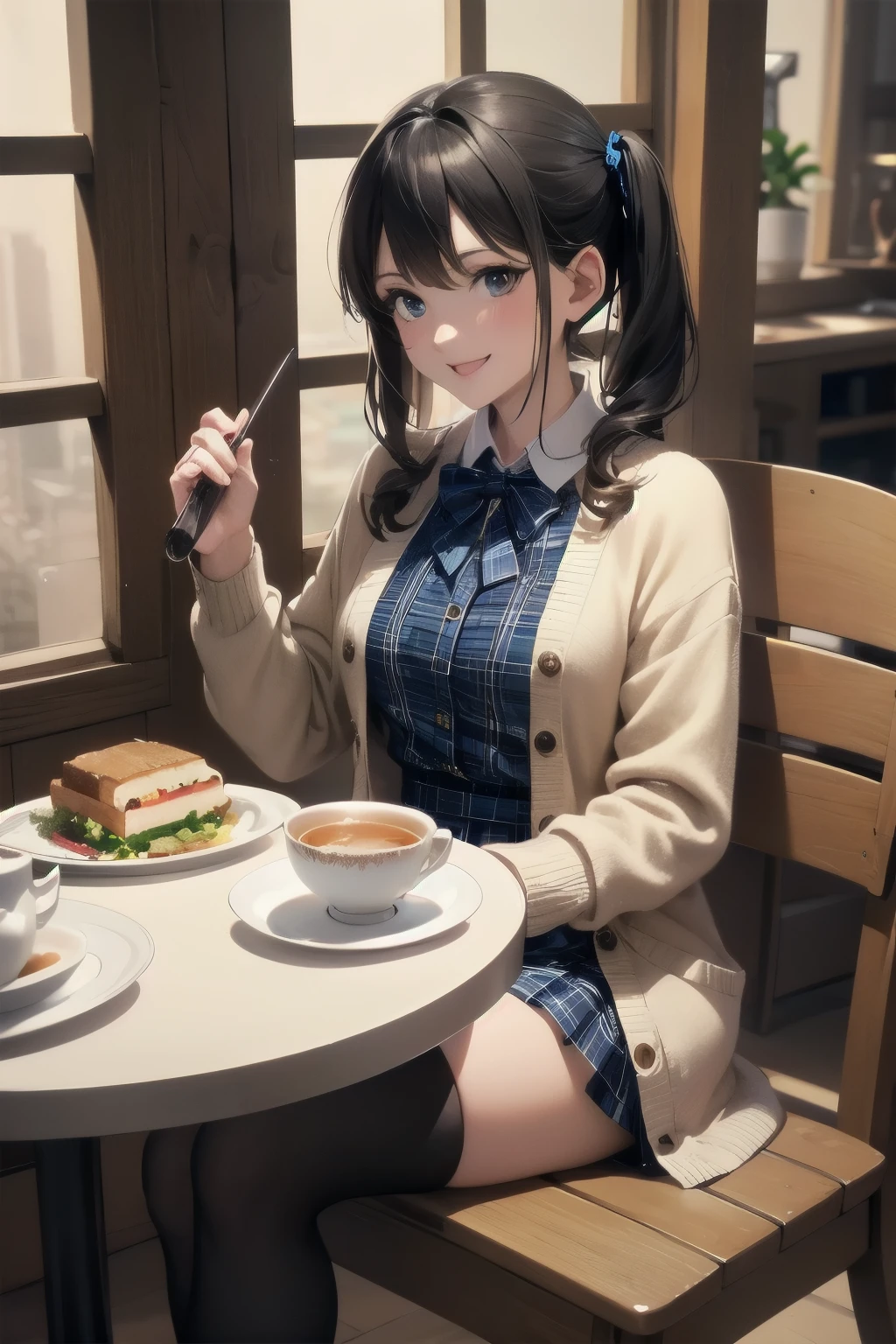 very cute and beautiful girl sitting on chair of cafe,(highly detailed beautiful face),
white blouse,laugh,happy,(beige cardigan:1.2) BREAK zettai ryouiki,low twintails,black hair,
(blue plaid mini skirt:1.2),(cups of tea),sandwiches on plate,(gratin soup),window,ocean view,
(best quality,masterpiece:1.2),absurdres,highres,ultra-detailed,extremely detailed,32k,8k resolution,
intricate details,cinematic scene,detailed background,solo,dynamic angle,