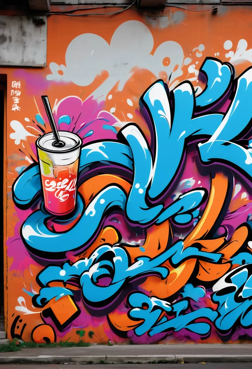 Graffiti漫画，Graffiti, wall,在wall上,whole picture, High resolution and high contrast,simple,Beverage brand logo