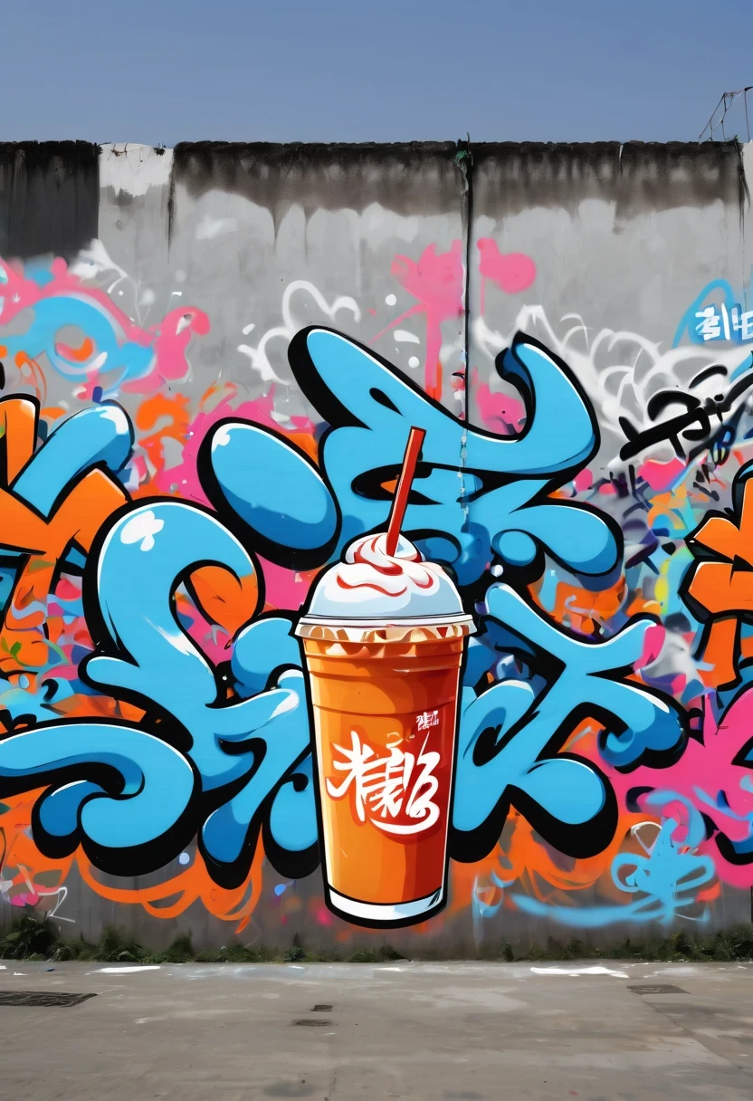 Graffiti漫画，Graffiti, wall,在wall上,whole picture, High resolution and high contrast,simple,Beverage brand