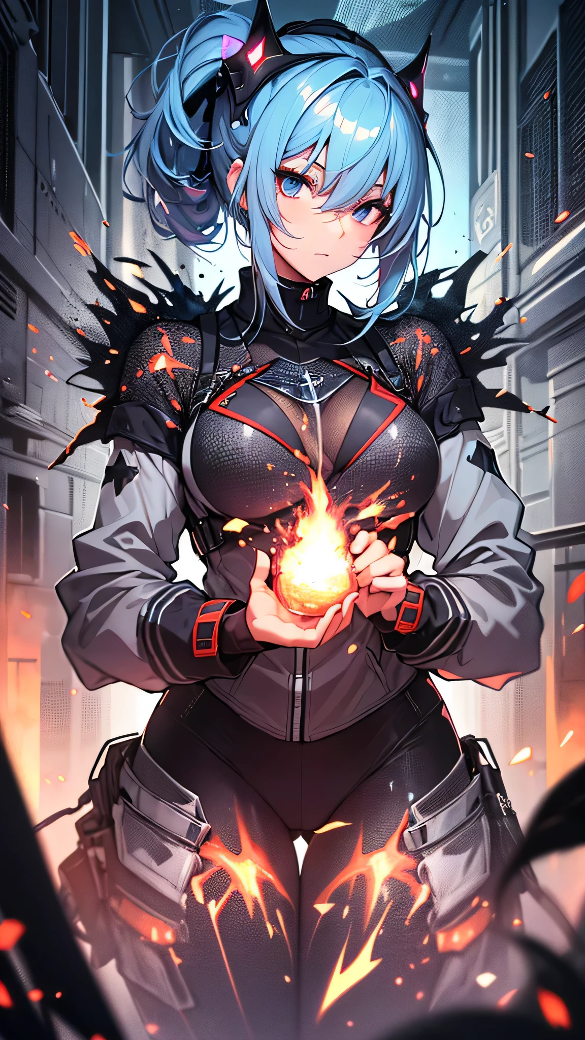 最high quality、best image quality、masterpiece、age girl((20-year-old、 By becoming、vest bust、medium bust,wide open breast tea、shining eyes, light blue hair、long hair、thin,highest valley、ponytail、monster arm、monster leg arm、fighting pose)),high quality、beautiful art、background((spark、up in flames、red lighting))、Flight、debris flies、Depth of written boundary、movie、visual art、perfect art、8k,genuine、