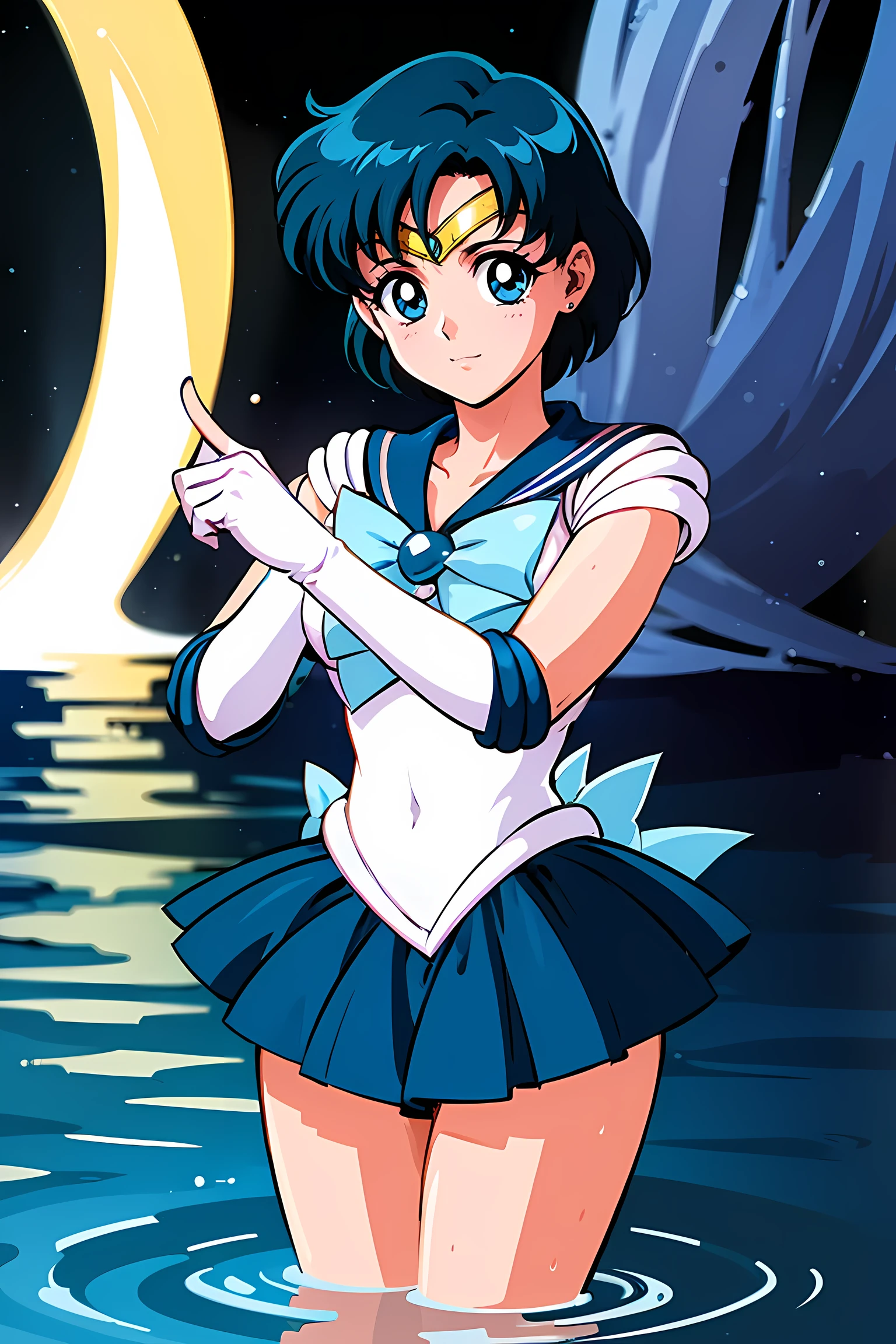 (highest quality:1.3), (masterpiece:1.4),(anatomically correct), (all limbs),(Refers to the whole),(precise fingertips), (small details),(8k),(About Photoreal:1.37),sailor moon!!!!!!!!, sailor moon Style,by sailor moon, sailor warrior uniform,(sailor mercury:1.52),aqua eye, dark green hair,white gloves,(fighting pose:1.25),((magical dark forest :1.2)),at dusk, moon, ((Recommended for scenes with strong dark shadows:1.2)), golden flower ,beautiful magical style, water reflection,intense, concept art, digital painting,