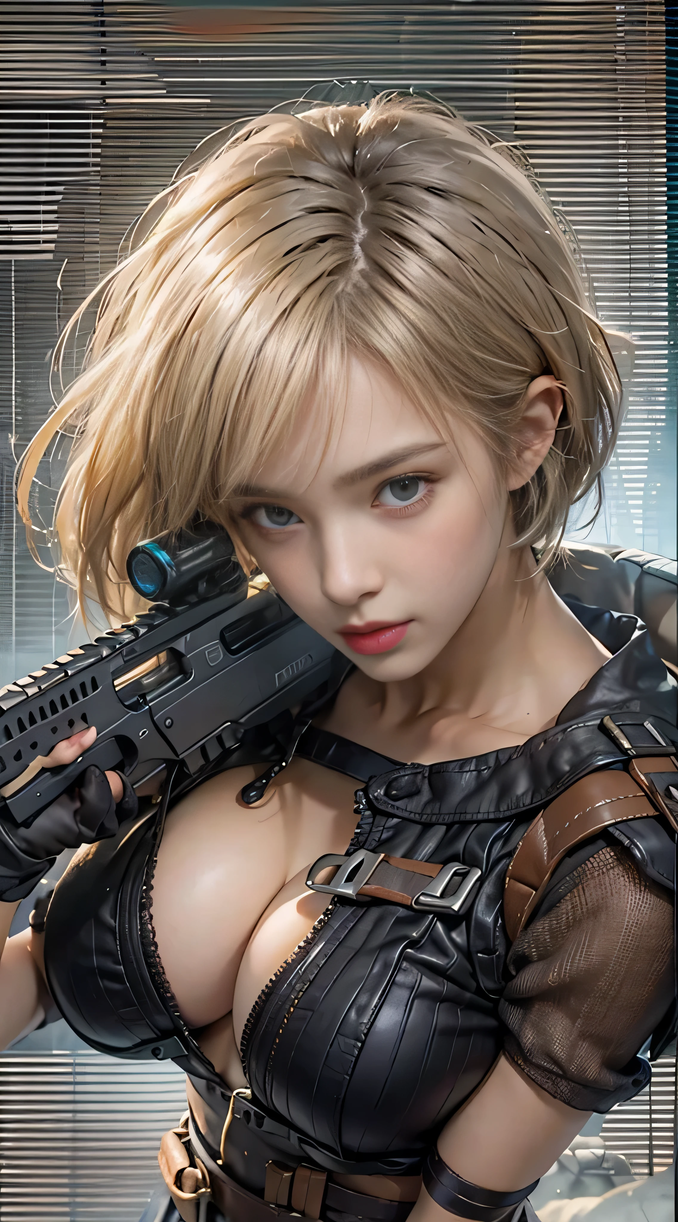 realistic, High resolution, 1 female, blonde, short bob hair, alone, sexy, hip up, show viewer, (detailed face), swat vest, gun, jewelry