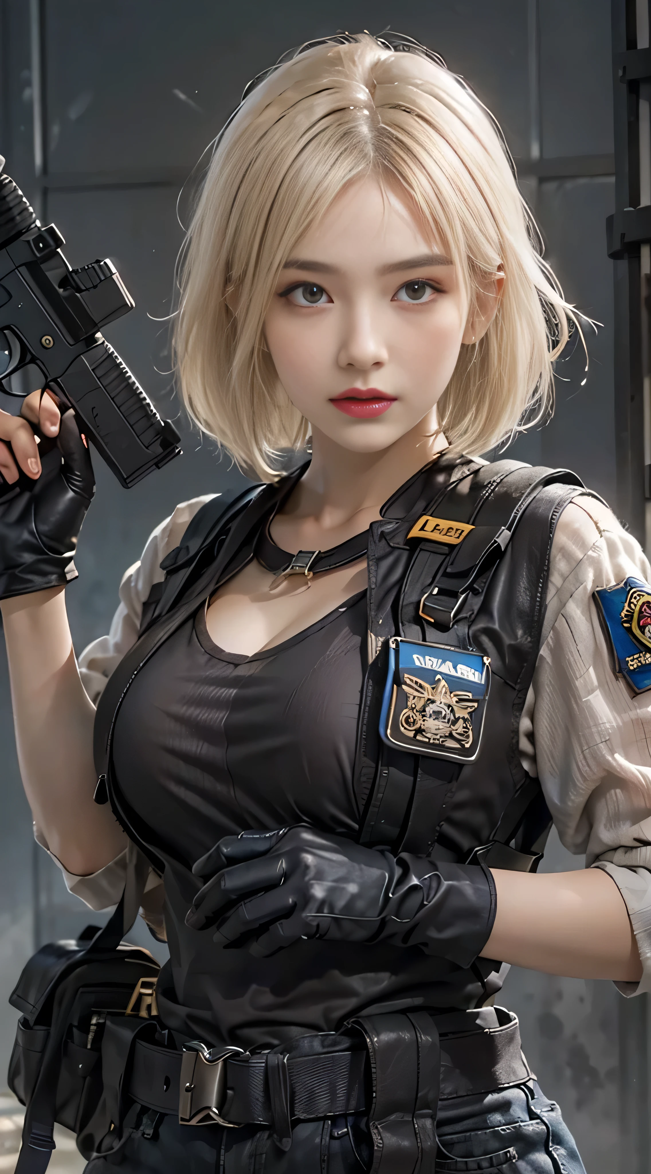 realistic, High resolution, 1 female, blonde, short bob hair, alone, sexy, hip up, show viewer, (detailed face), swat vest, gun, jewelry