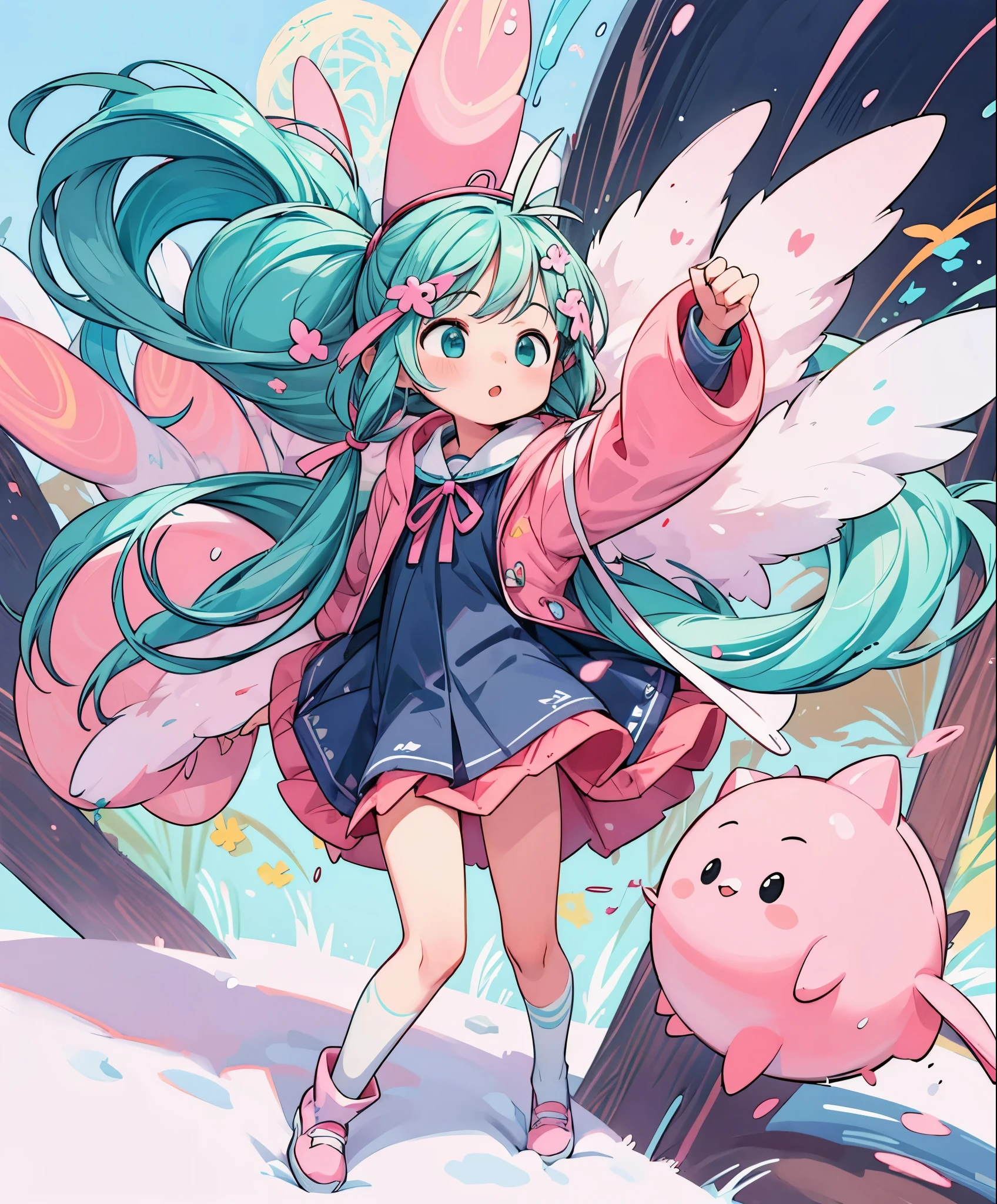 (masterpiece、highest quality、highest quality、official art、beautiful beautiful:1.2)、(1 girl:1.3)Hatsune Miku、twin tails,Anime girl with pink coat and pink shoes and pink hat, rossdraws pastel vivid, rossdraws cartoon vibrant, pixiv digital art, cute art style, アニメFull body illustration, Full body illustration, by Yuumei, Trending with Art Station Pixiv, soft anime illustration, Google on pixiv artstation, colorful! Character Design