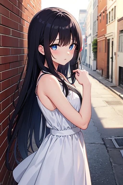 best quality, intricate details, Color difference, 1 girl, long hair, black hair, messy hair, red highlights, hair covering one eye, blue eyes, sharp vision, (perspective silhouette:1.2), perspective, white dress, sundress, Cowboy shooting, wind lift, against the wall, brick wall, Graffiti, dim lights, alley

