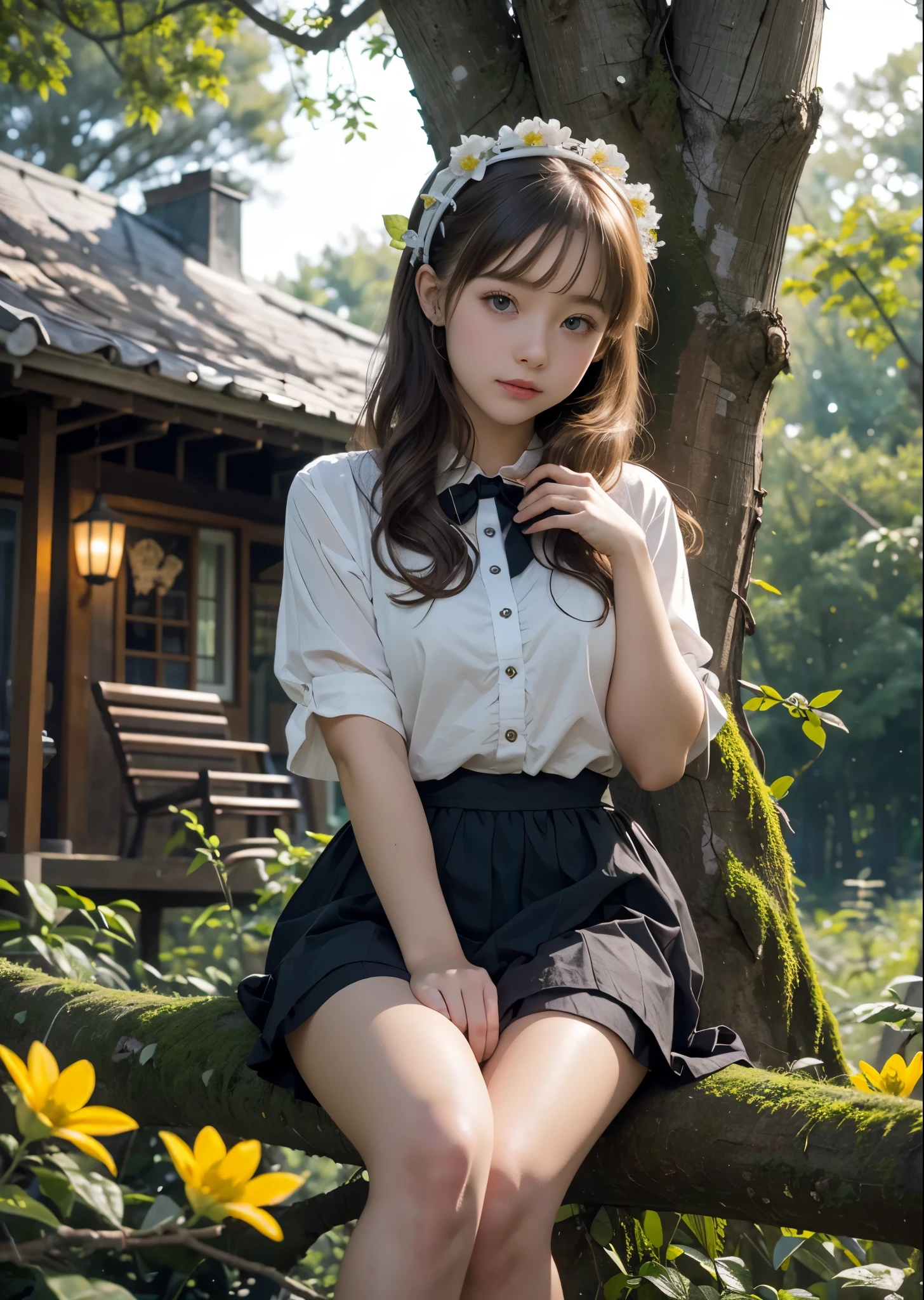 In front of the small house where the fairy lives、ta fashion、cute girl、16 year old girl、sitting on a thick branch in front of the house、Yellow Moon、flowers around、in the deep forest、night、perfect lighting、sharp focus、High definition、high resolution、High color rendering、High resolution、Super realistic、photo realistic