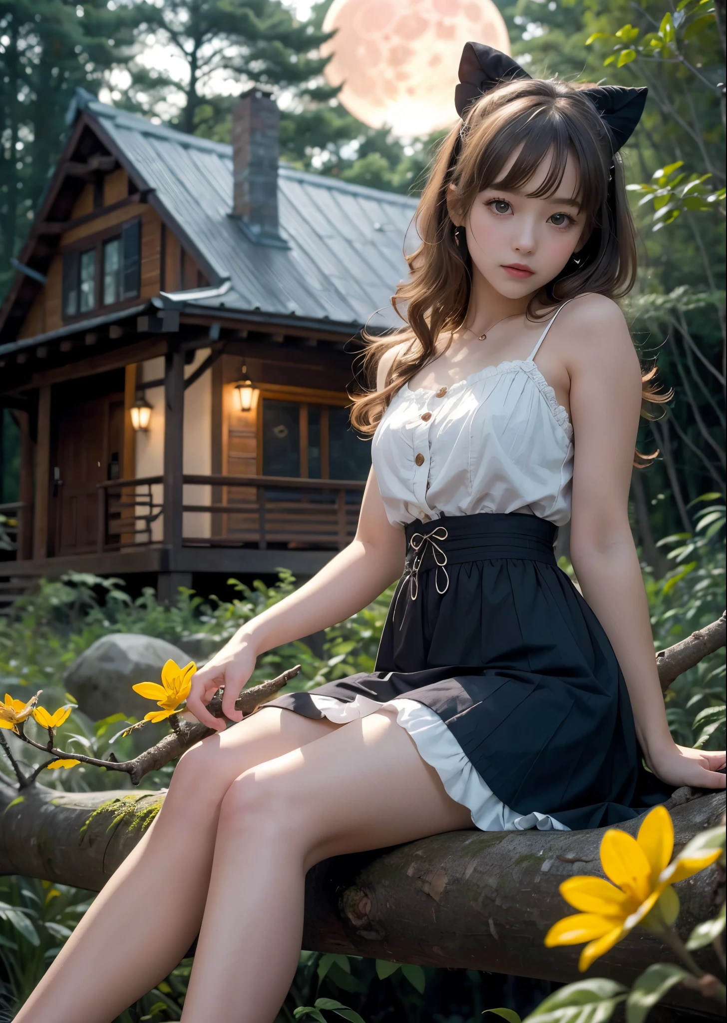 In front of the small house where the fairy lives、lolita fashion、cute girl、16 year old girl、sitting on a thick branch in front of the house、Yellow Moon、flowers around、in the deep forest、night、perfect lighting、sharp focus、High definition、high resolution、High color rendering、High resolution、Super realistic、photo realistic 